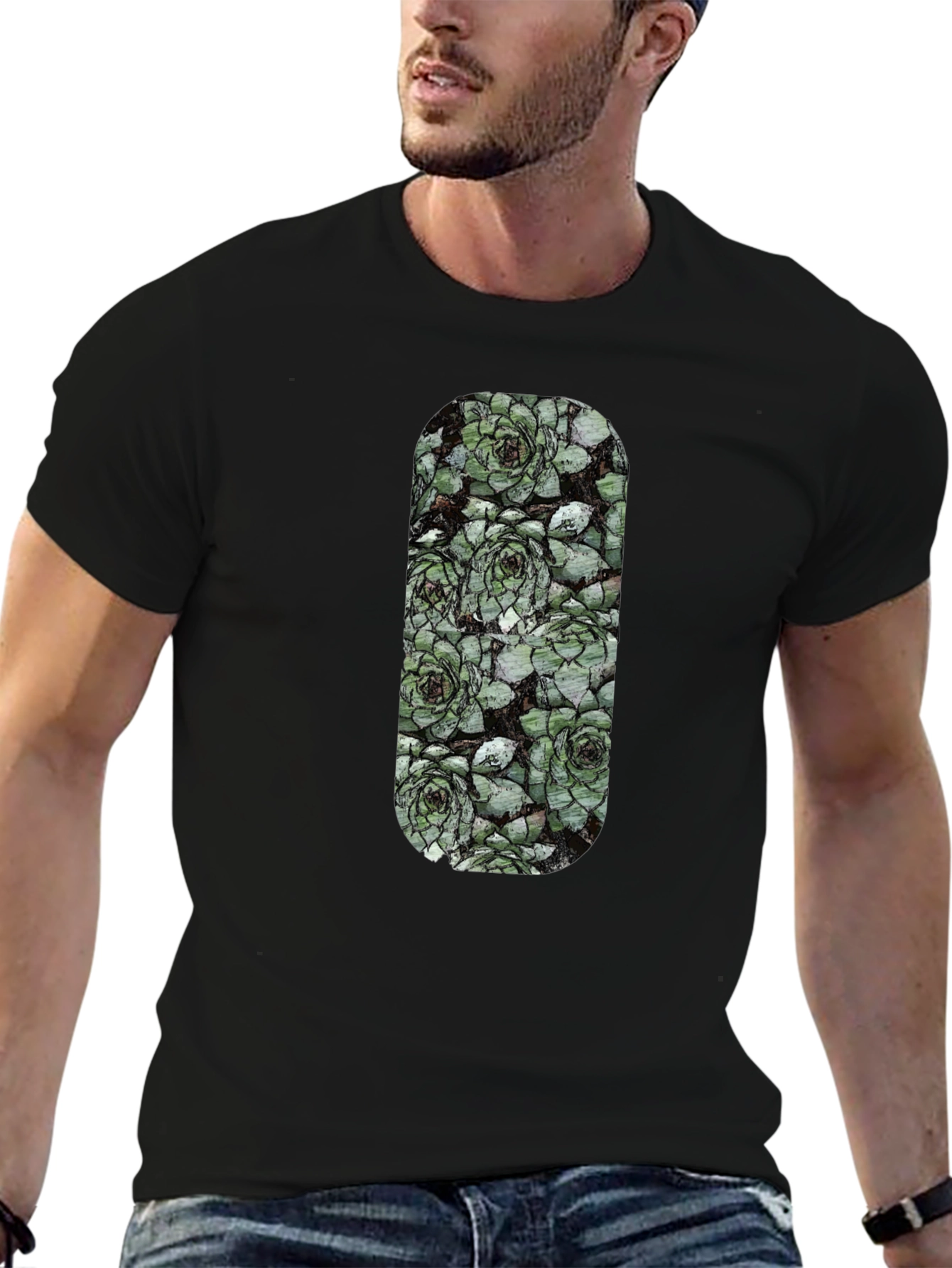 Succulent Print Black T-Shirt