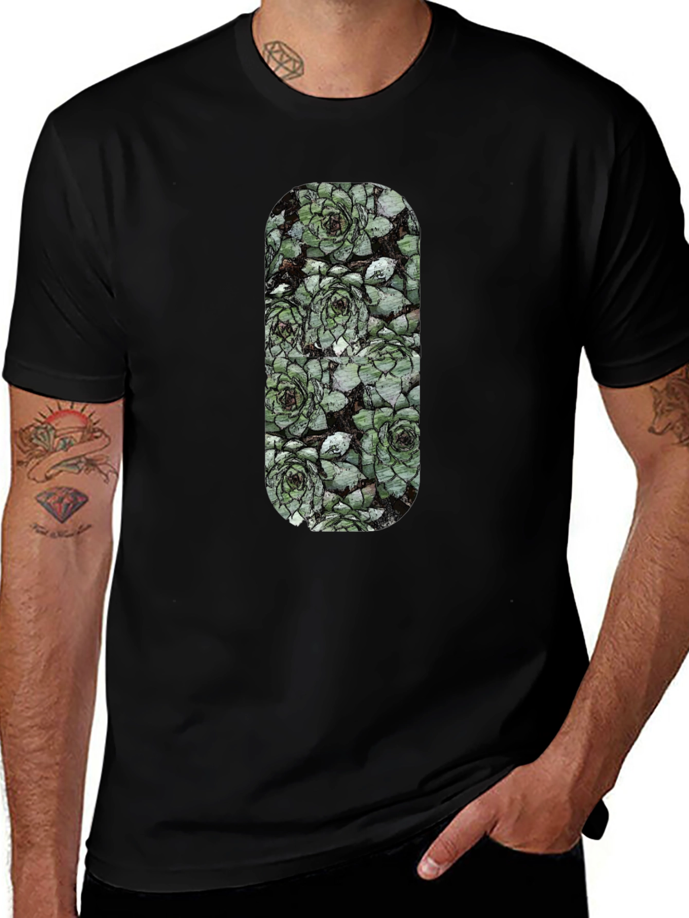 Succulent Print Black T-Shirt