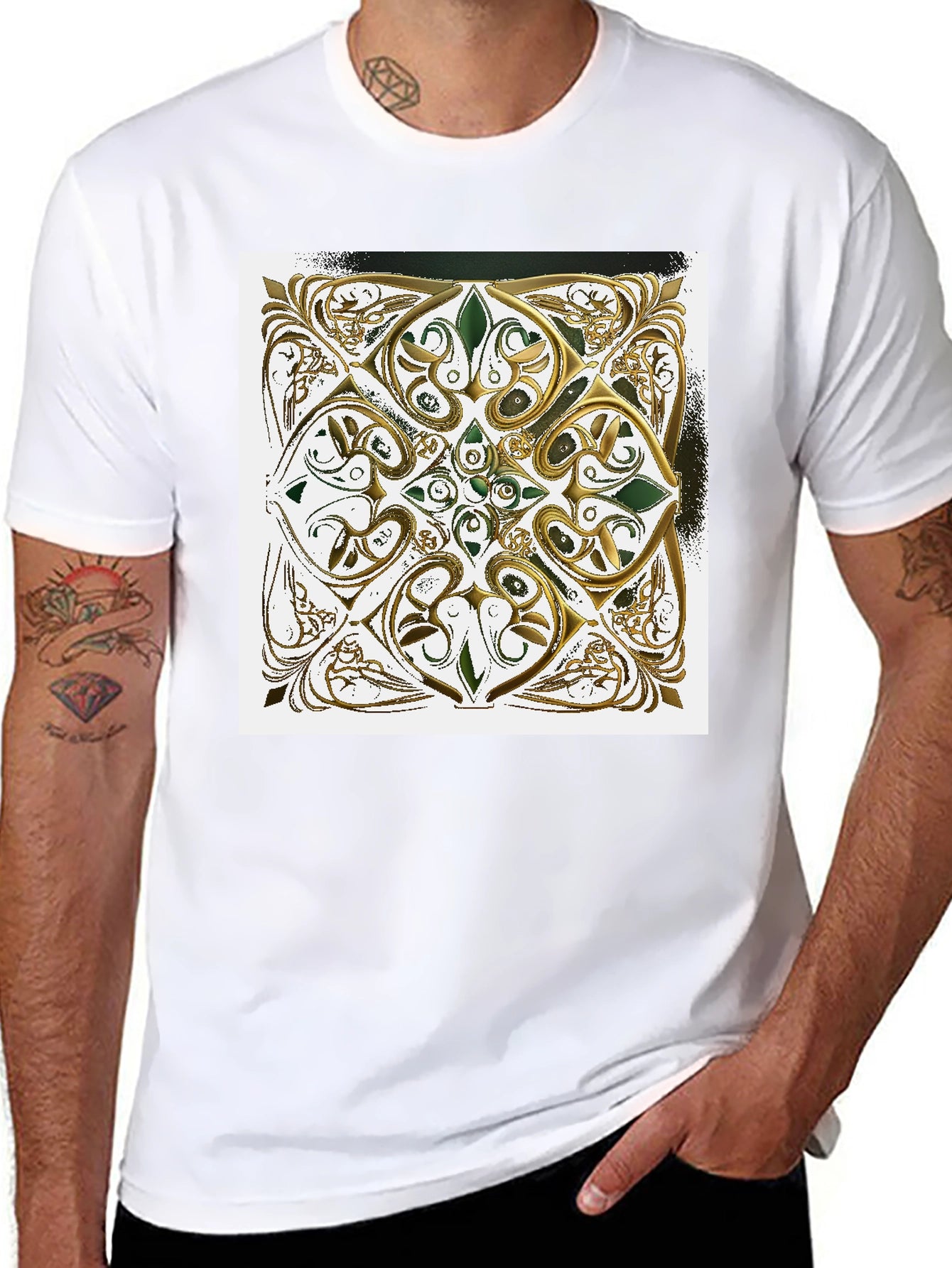 Ornate Gold & Green Design Black T-Shirt