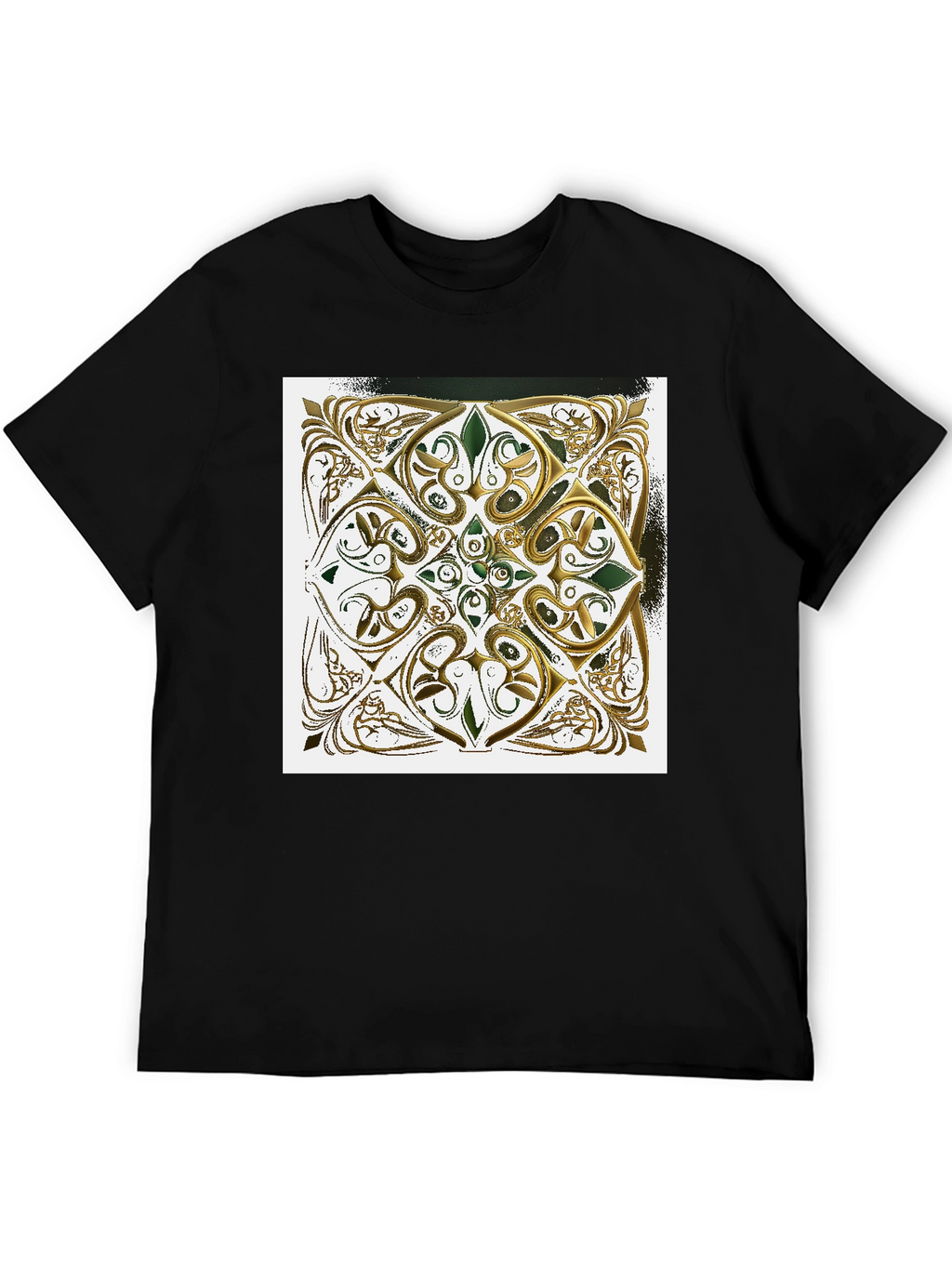 Ornate Gold & Green Design Black T-Shirt