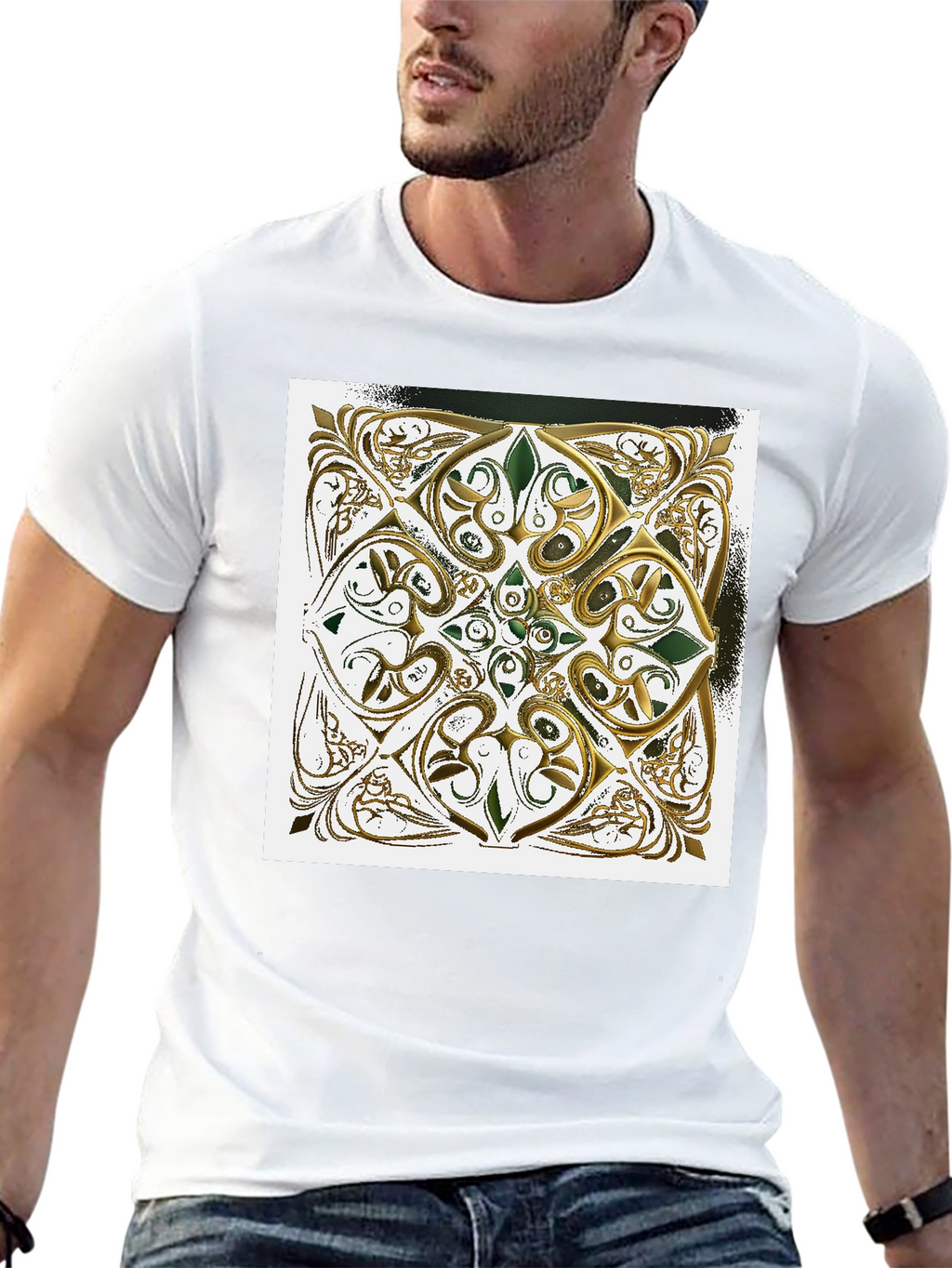 Ornate Gold & Green Design Black T-Shirt