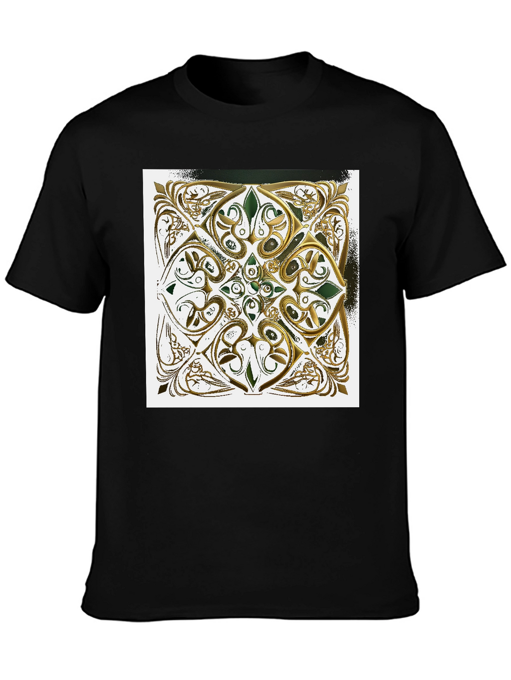 Ornate Gold & Green Design Black T-Shirt