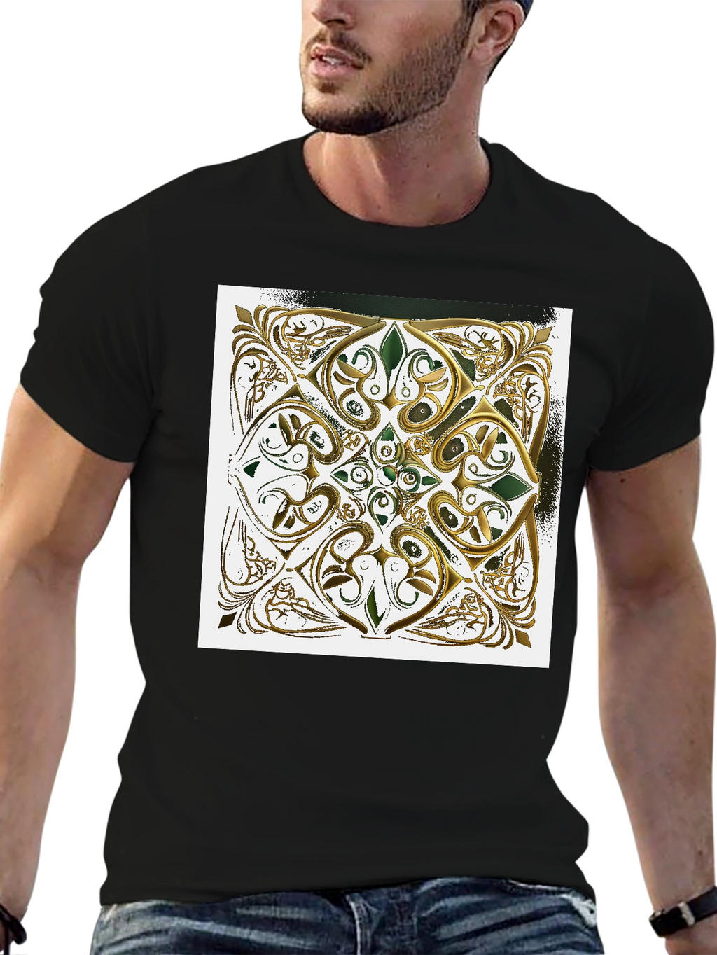 Ornate Gold & Green Design Black T-Shirt