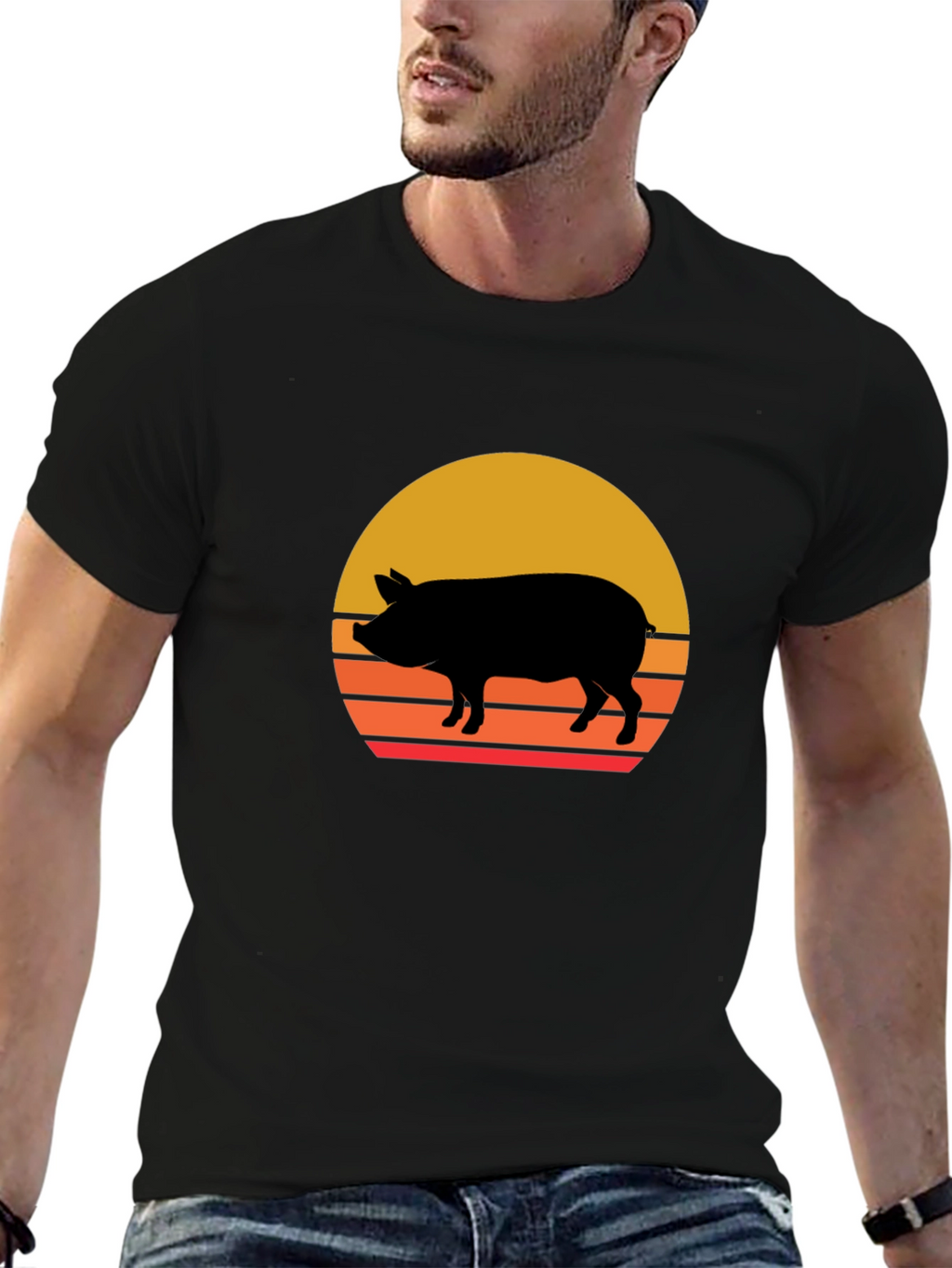 Retro Pig Sunset Graphic Tee - Black Cotton T-Shirt