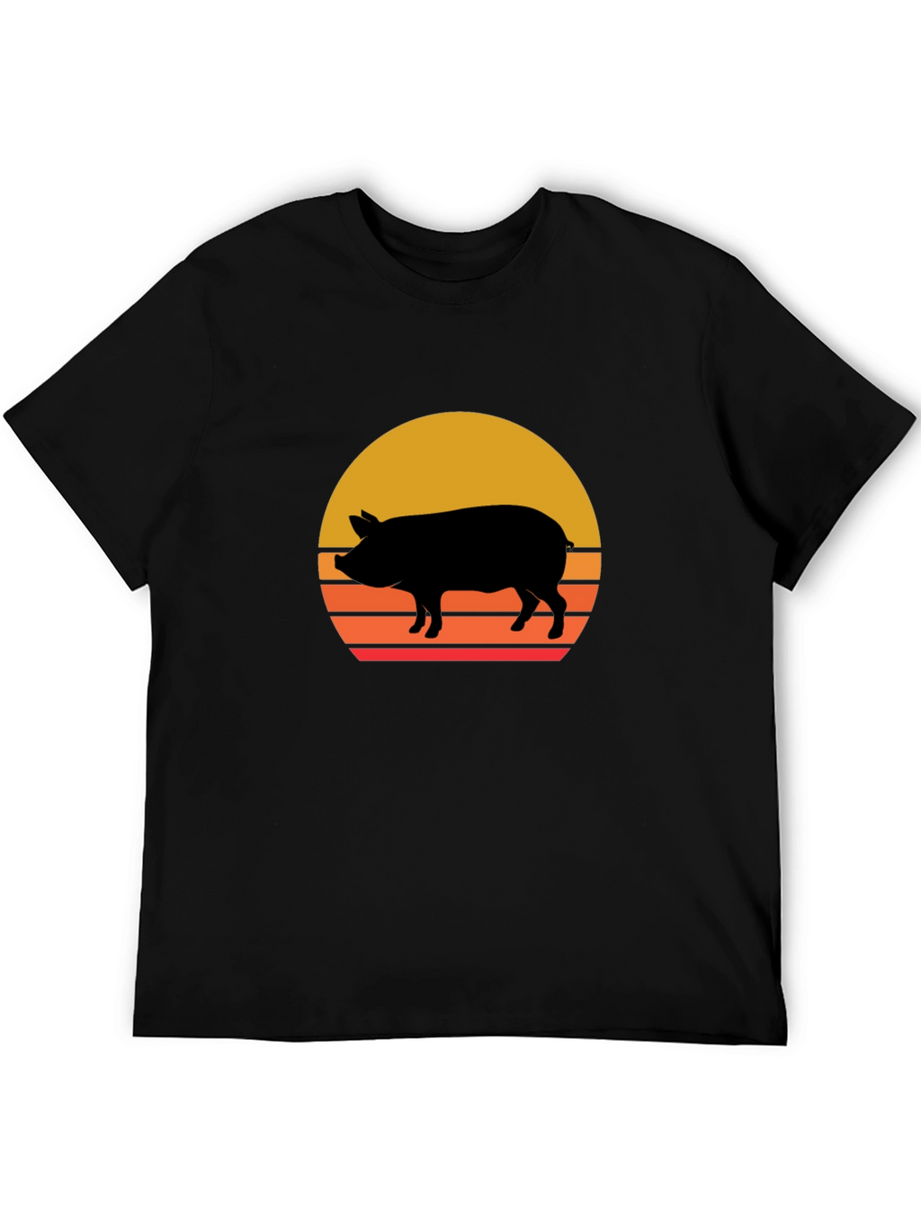 Retro Pig Sunset Graphic Tee - Black Cotton T-Shirt
