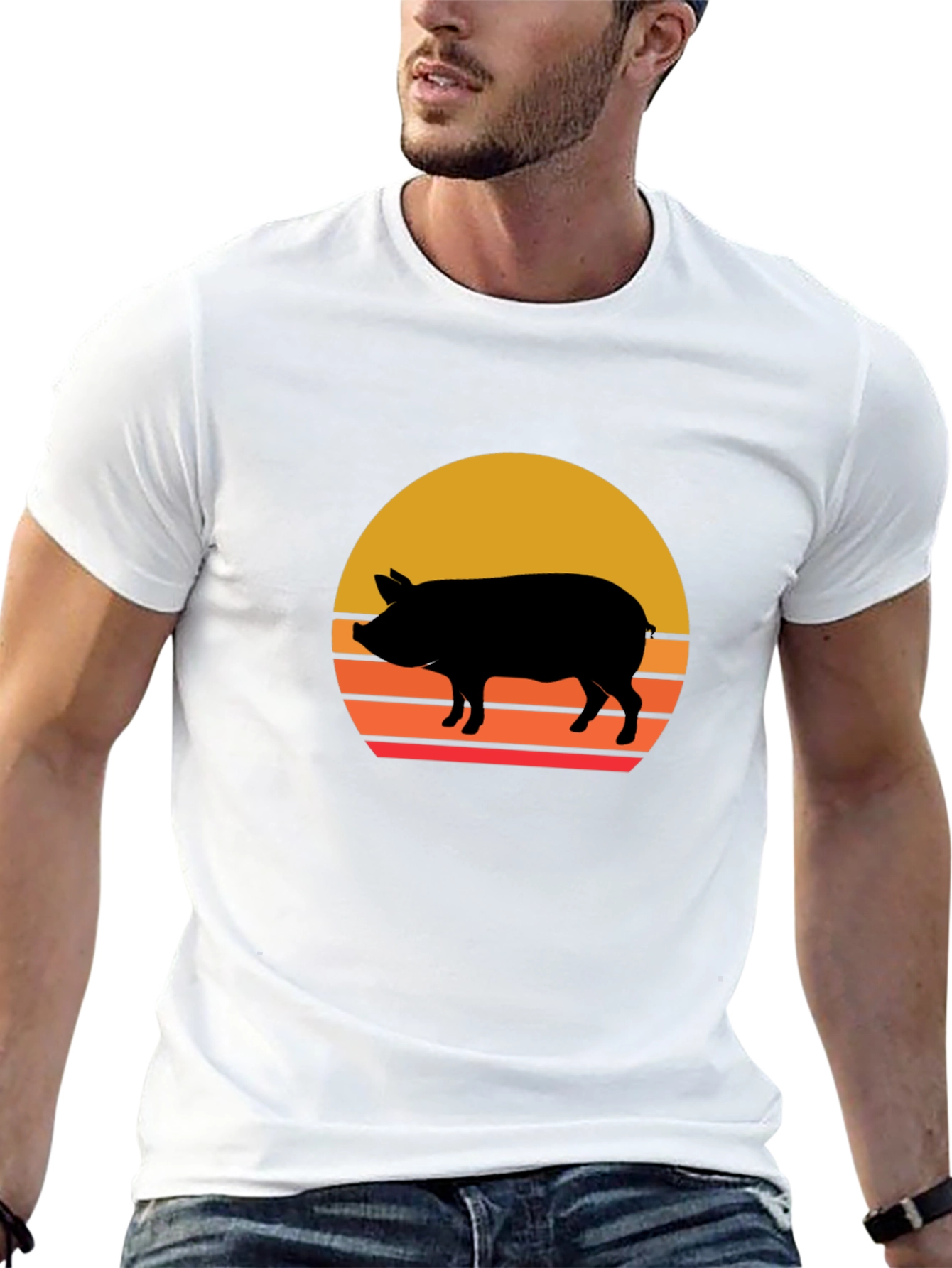 Retro Pig Sunset Graphic Tee - Black Cotton T-Shirt