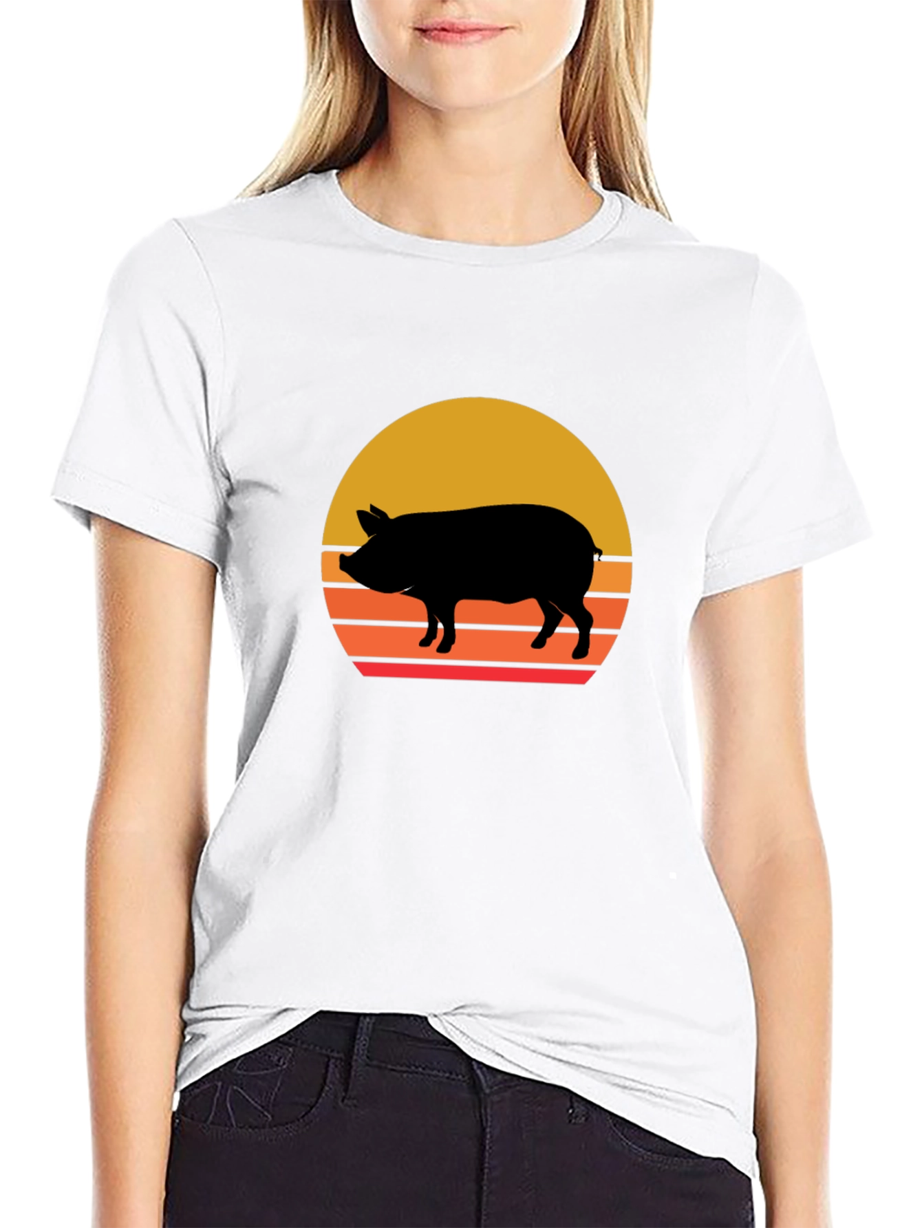Retro Pig Sunset Graphic Tee - Black Cotton T-Shirt