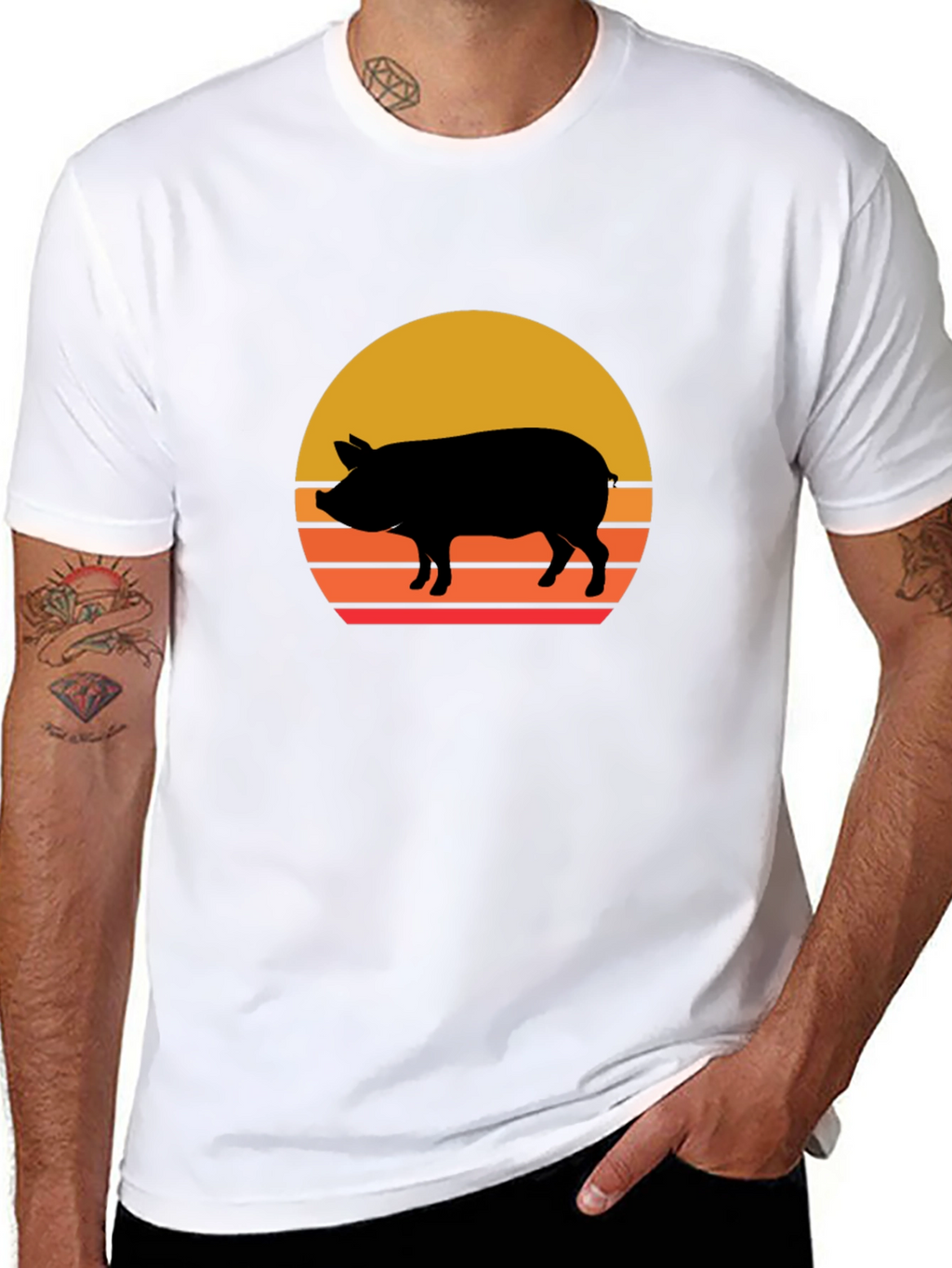 Retro Pig Sunset Graphic Tee - Black Cotton T-Shirt