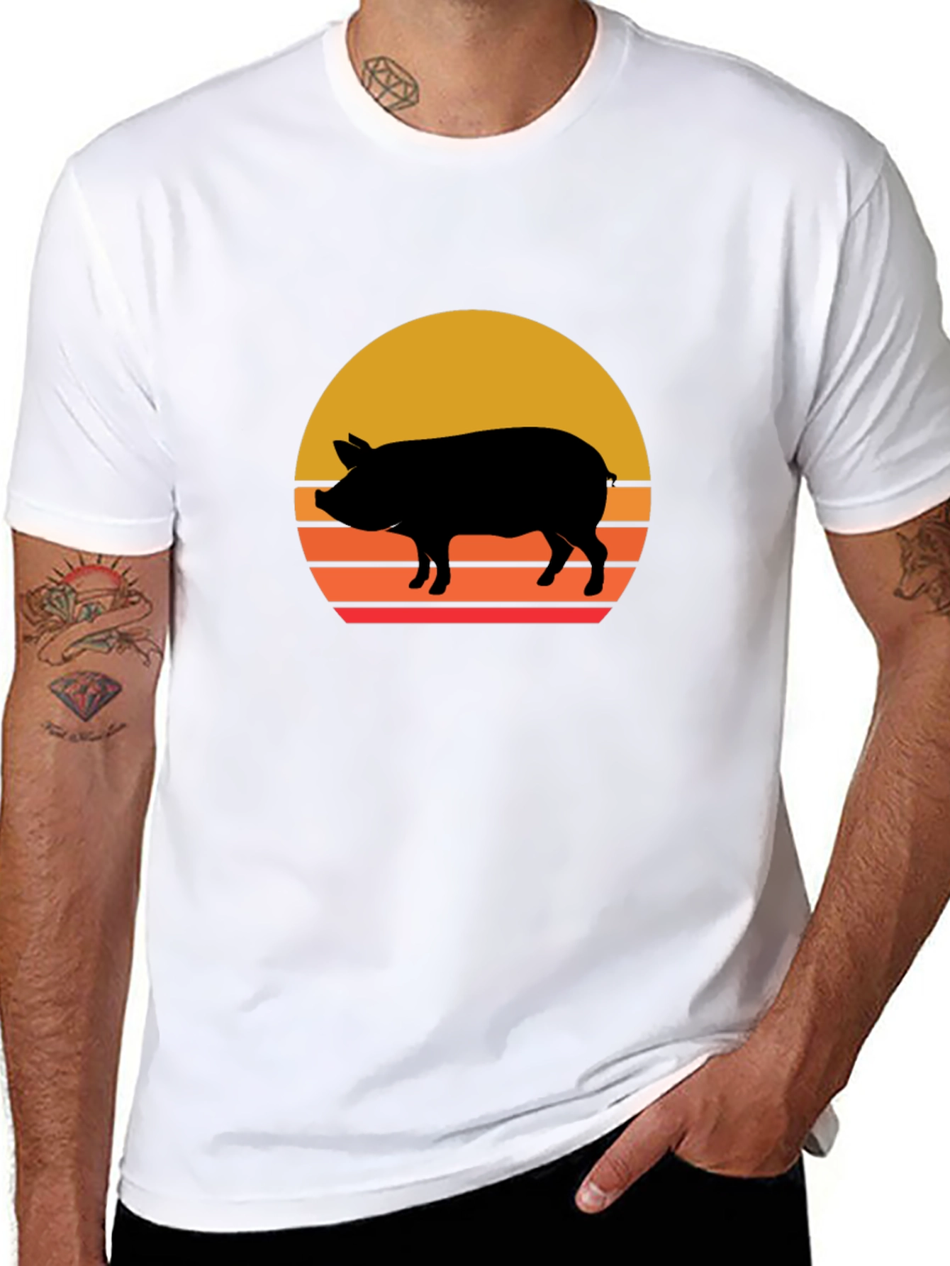 Retro Pig Sunset Graphic Tee - Black Cotton T-Shirt