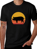 Retro Pig Sunset Graphic Tee - Black Cotton T-Shirt