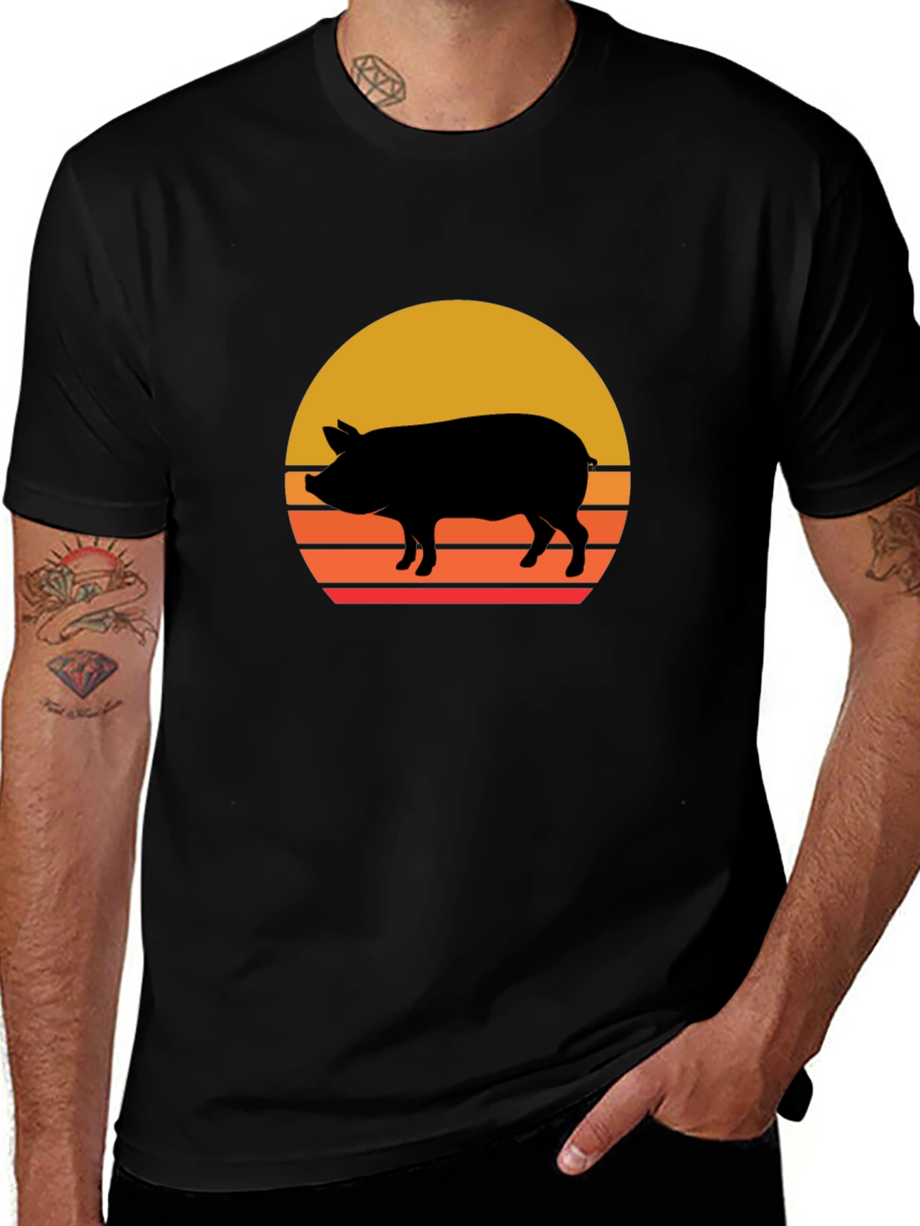 Retro Pig Sunset Graphic Tee - Black Cotton T-Shirt