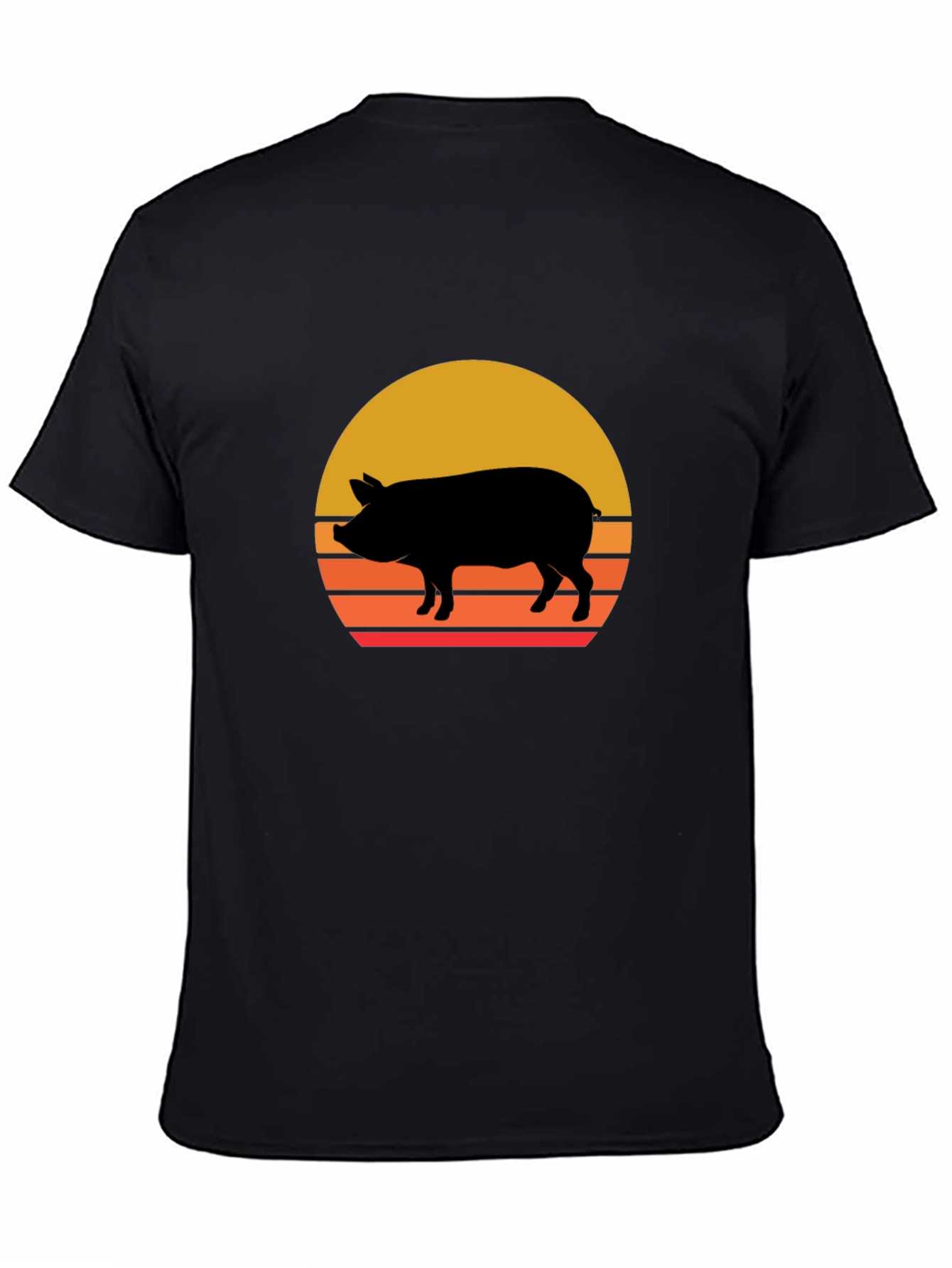 Retro Pig Sunset Graphic Tee - Black Cotton T-Shirt