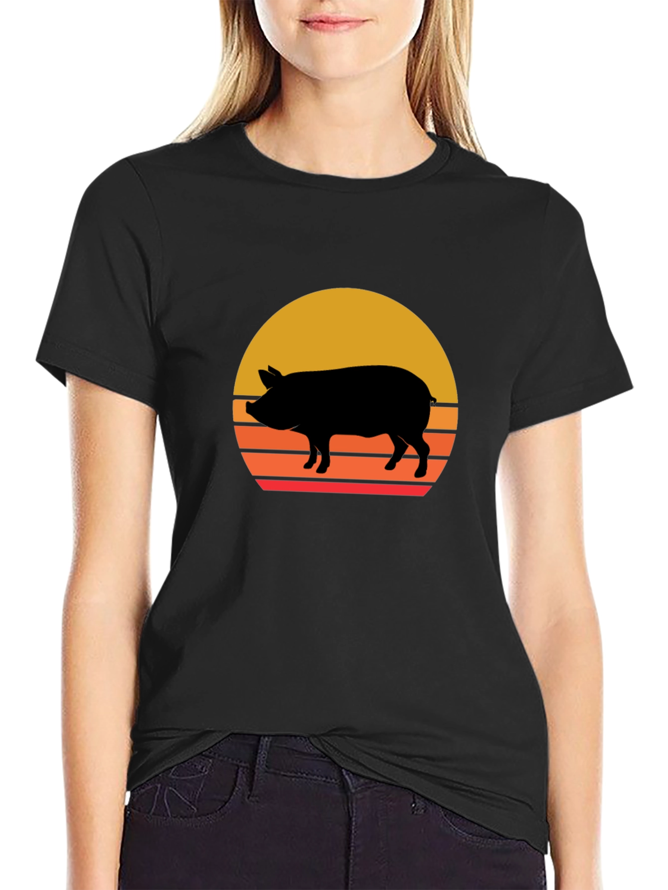 Retro Pig Sunset Graphic Tee - Black Cotton T-Shirt