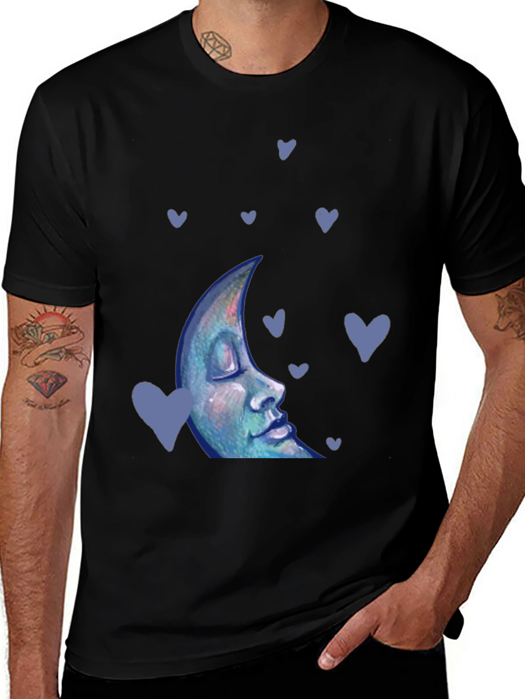 Dreamy Moon Face Tee - Black Cotton Blend T-Shirt