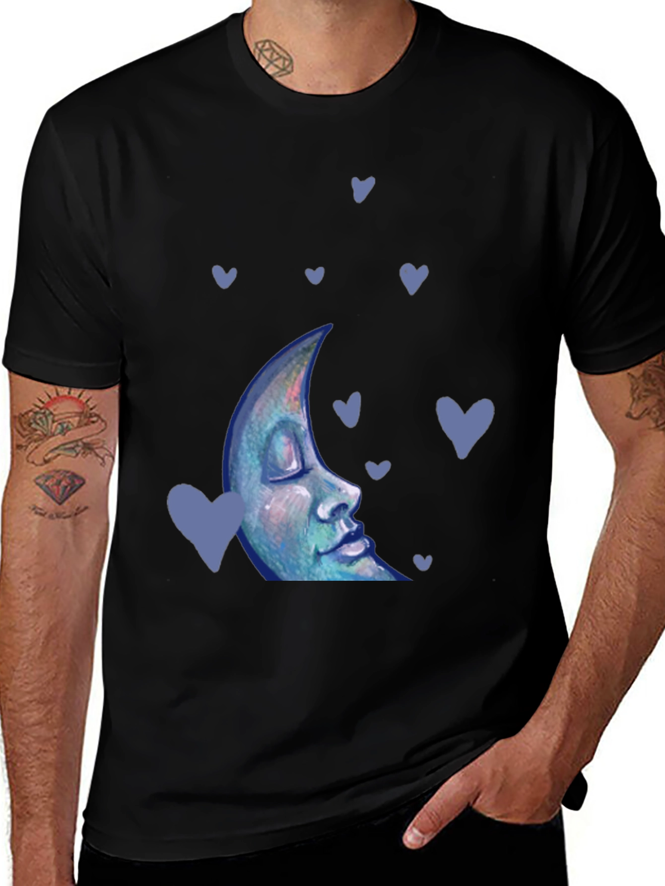 Dreamy Moon Face Tee - Black Cotton Blend T-Shirt