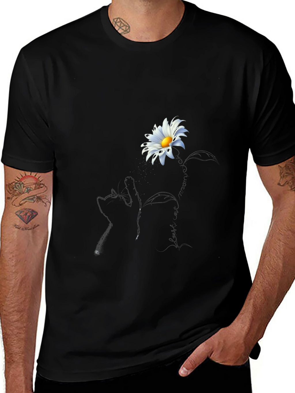 Daisy Cat T-Shirt - Black Crew Neck Tee