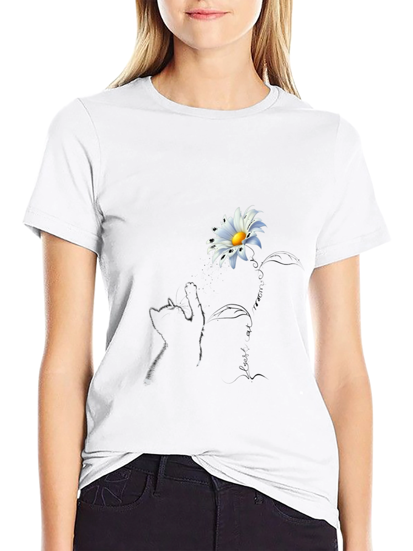 Daisy Cat T-Shirt - Black Crew Neck Tee