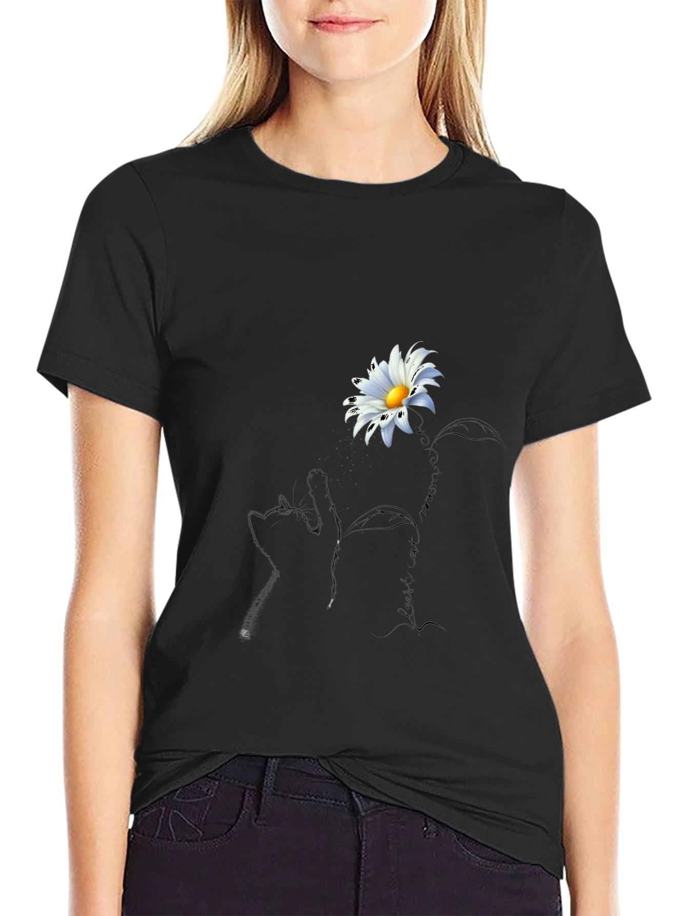 Daisy Cat T-Shirt - Black Crew Neck Tee