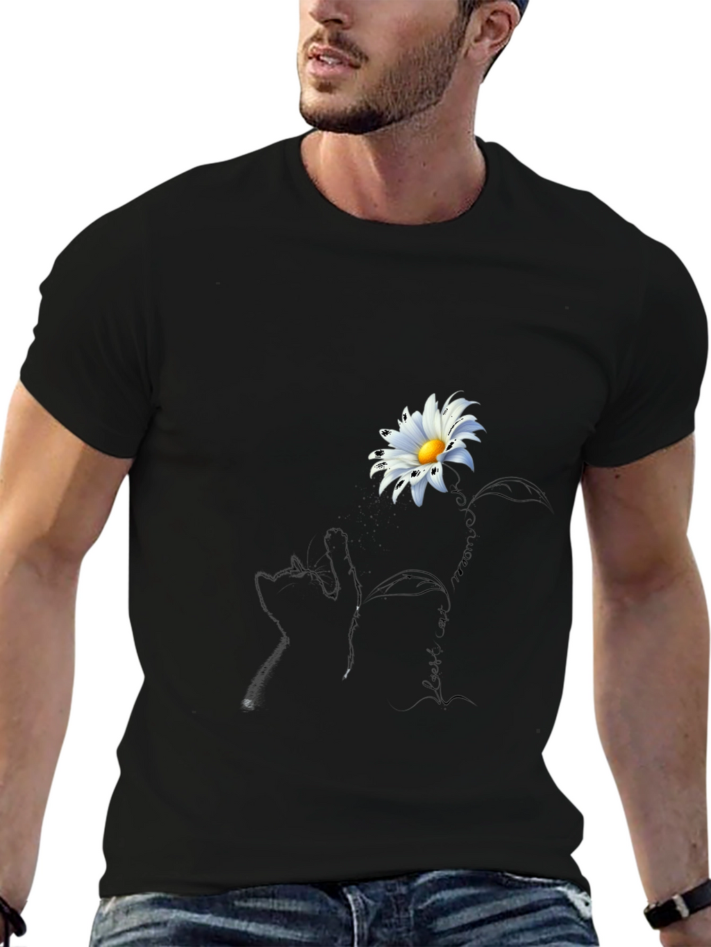 Daisy Cat T-Shirt - Black Crew Neck Tee
