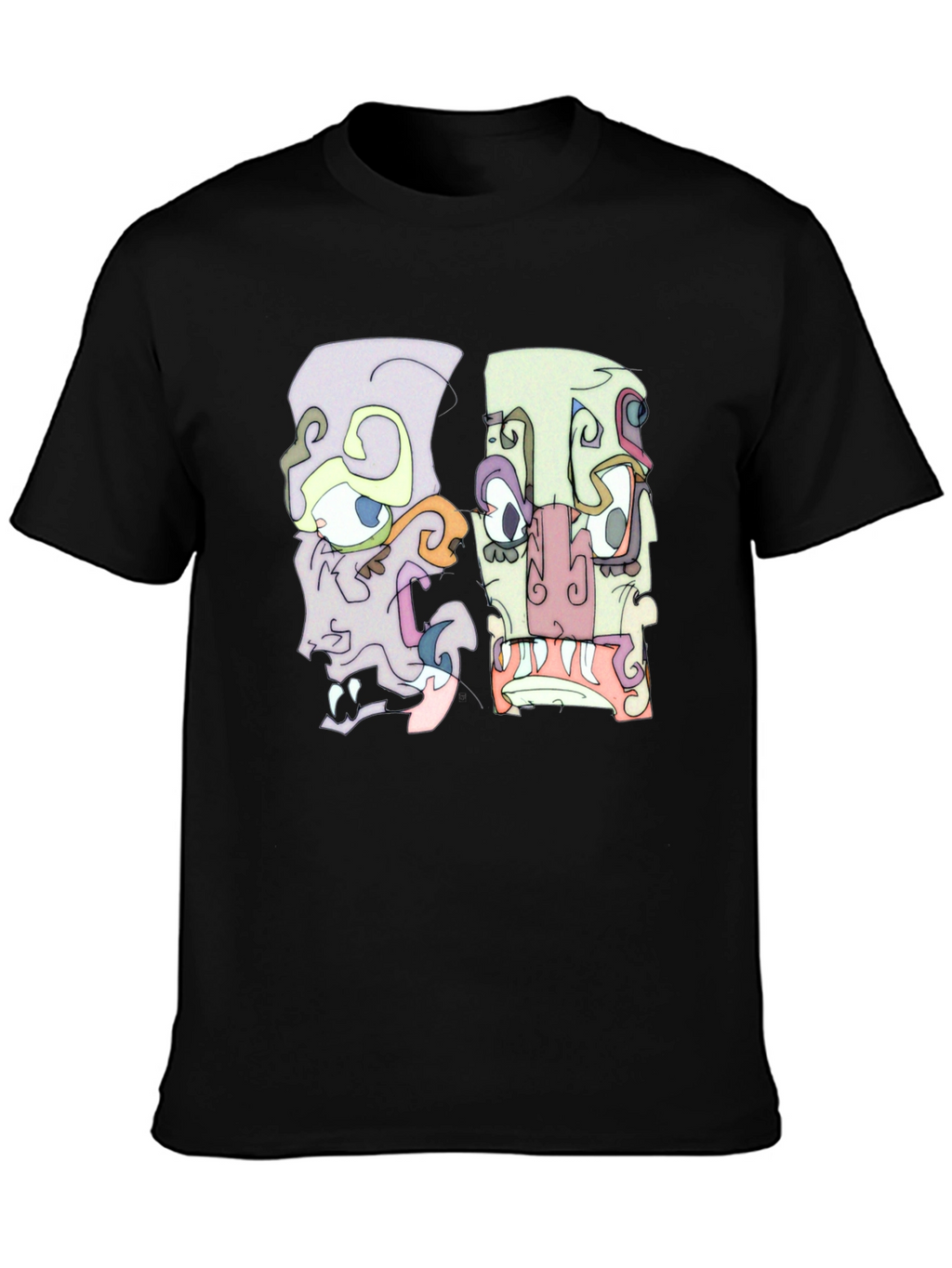 Abstract Faces Graphic Tee - Black Crew Neck T-Shirt