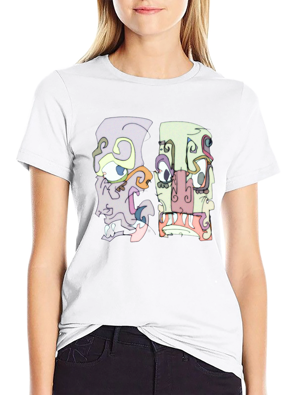 Abstract Faces Graphic Tee - Black Crew Neck T-Shirt