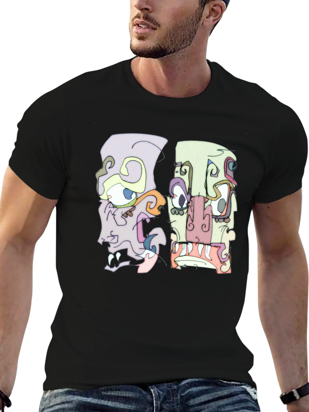 Abstract Faces Graphic Tee - Black Crew Neck T-Shirt