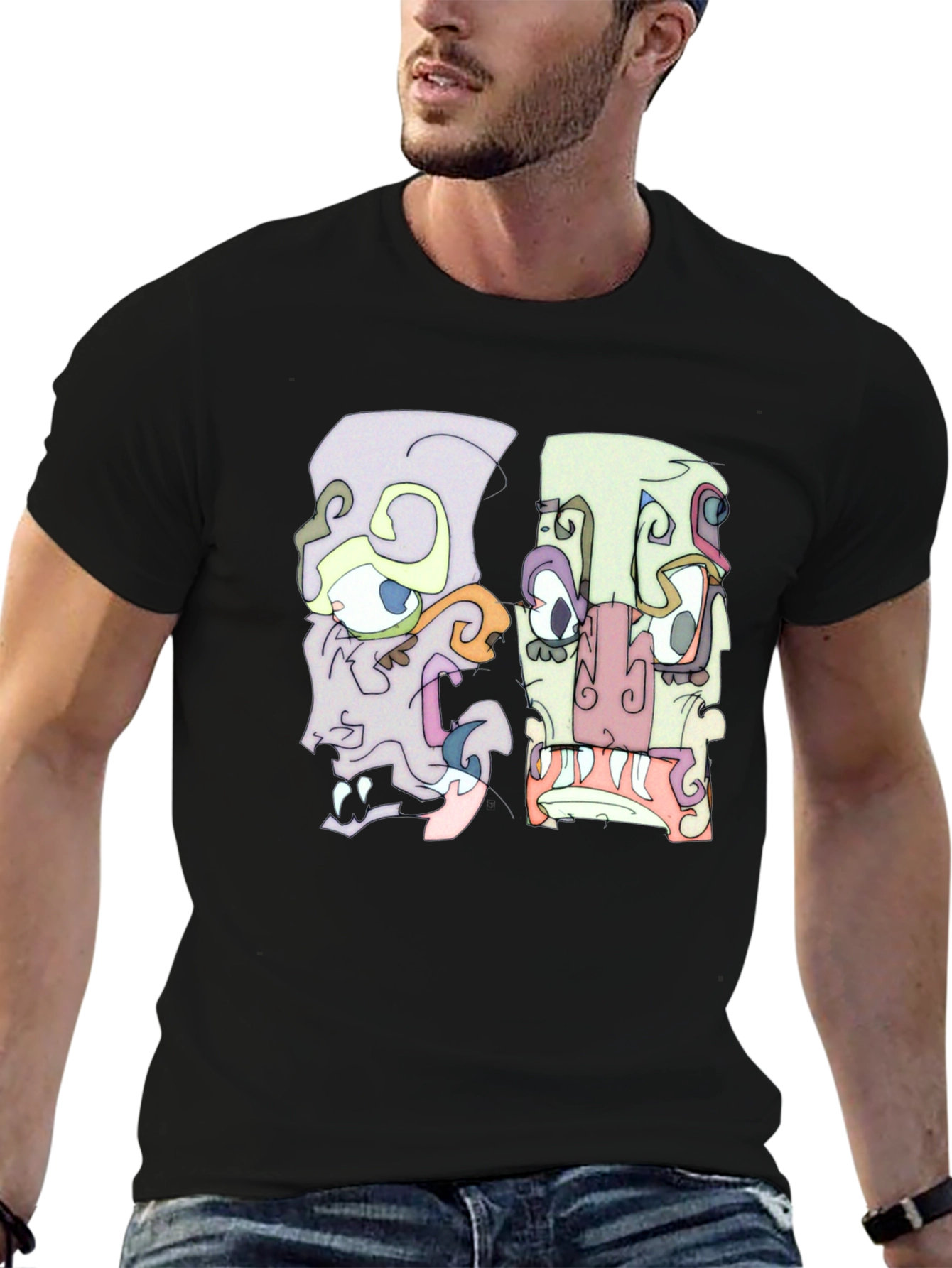 Abstract Faces Graphic Tee - Black Crew Neck T-Shirt