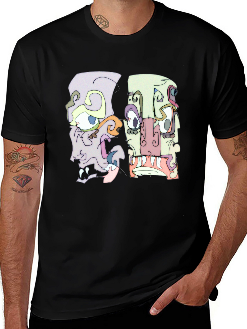 Abstract Faces Graphic Tee - Black Crew Neck T-Shirt