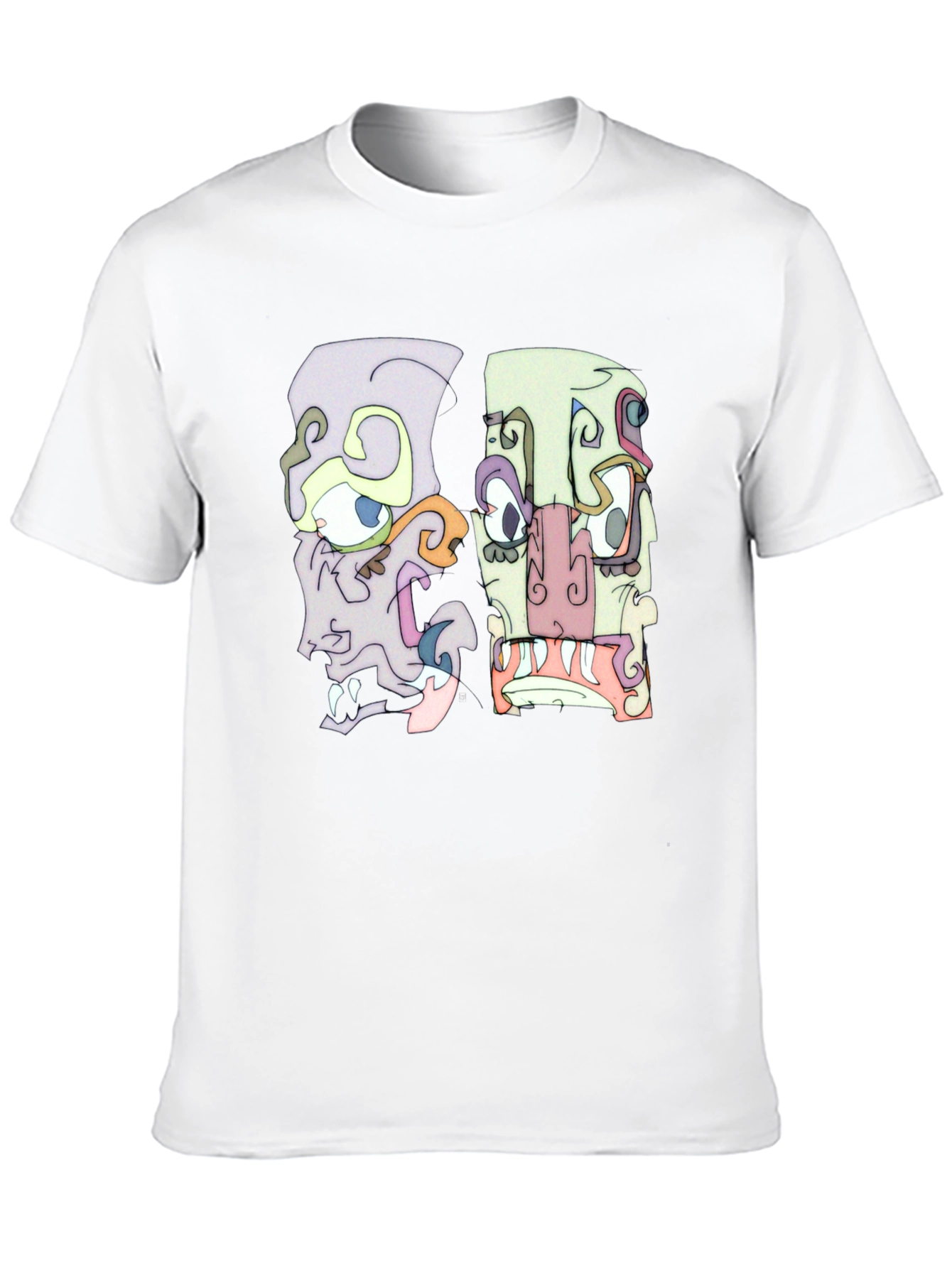 Abstract Faces Graphic Tee - Black Crew Neck T-Shirt