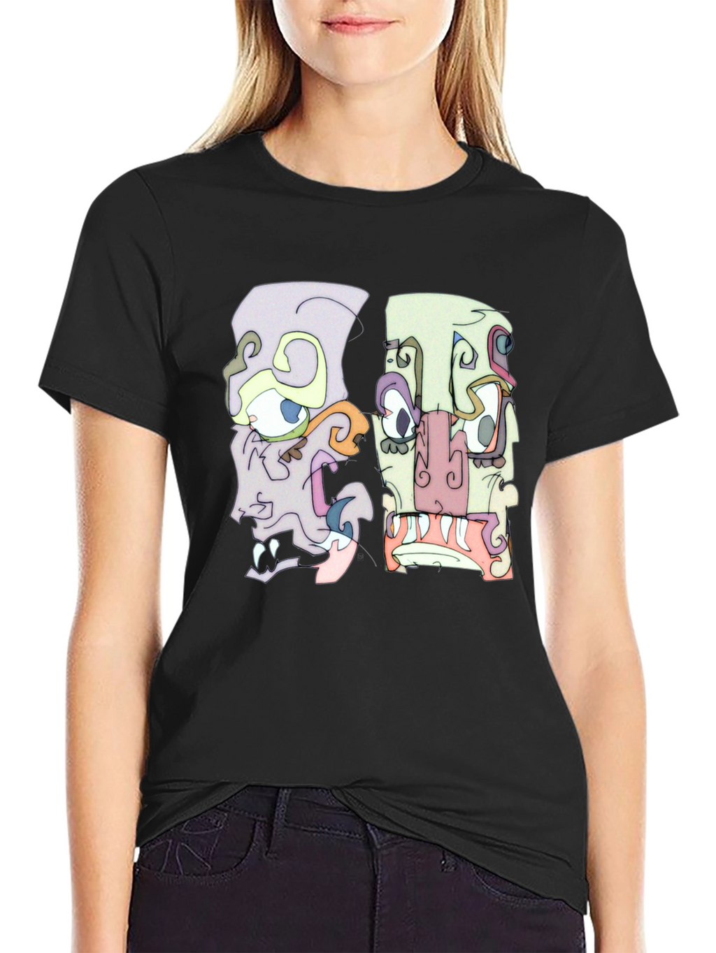 Abstract Faces Graphic Tee - Black Crew Neck T-Shirt