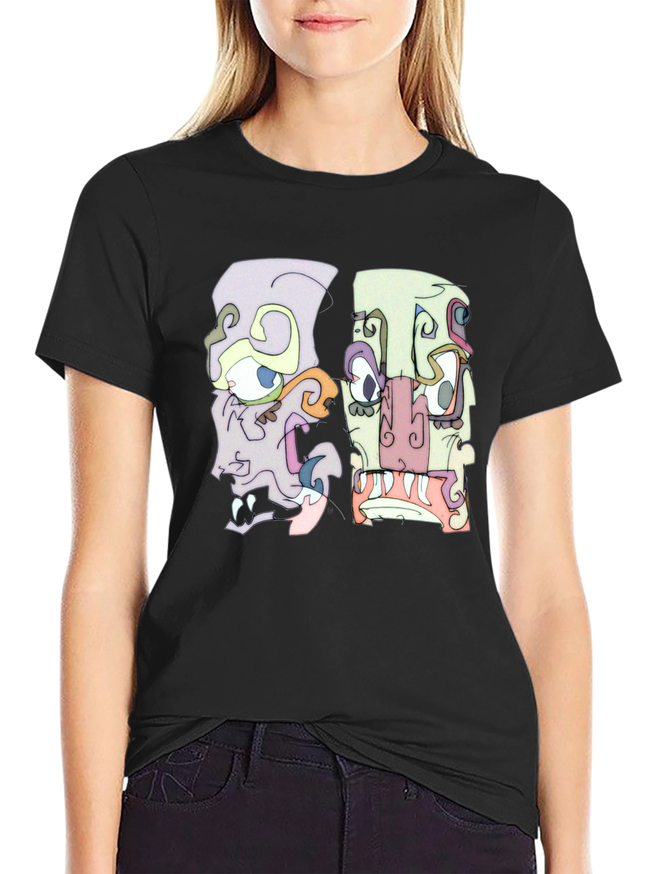 Abstract Faces Graphic Tee - Black Crew Neck T-Shirt