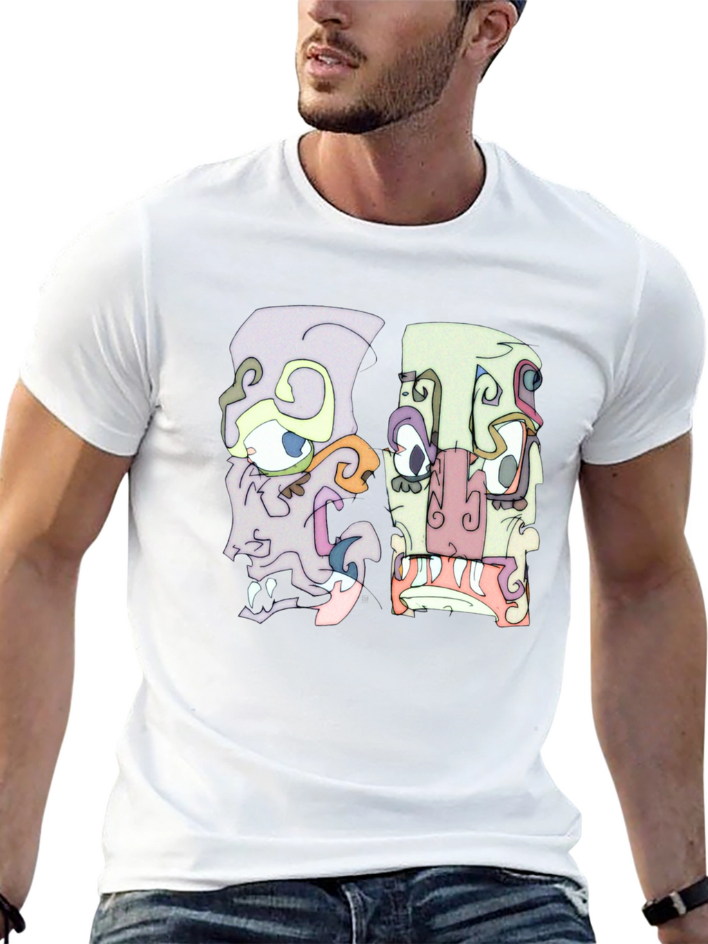Abstract Faces Graphic Tee - Black Crew Neck T-Shirt