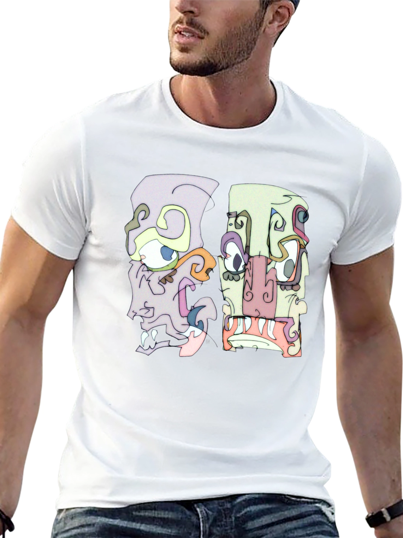 Abstract Faces Graphic Tee - Black Crew Neck T-Shirt