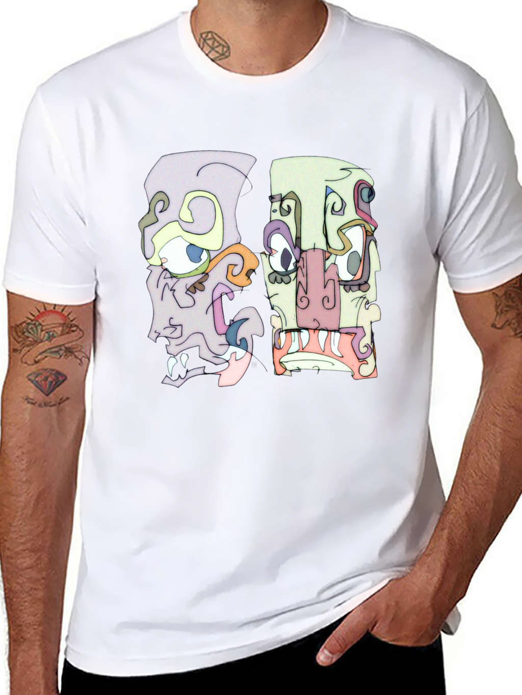 Abstract Faces Graphic Tee - Black Crew Neck T-Shirt