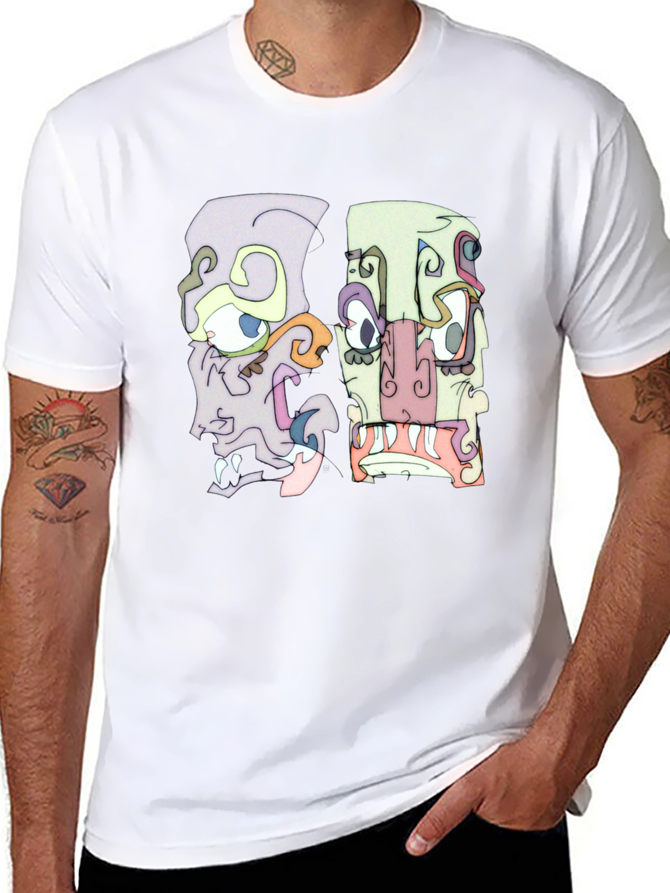 Abstract Faces Graphic Tee - Black Crew Neck T-Shirt