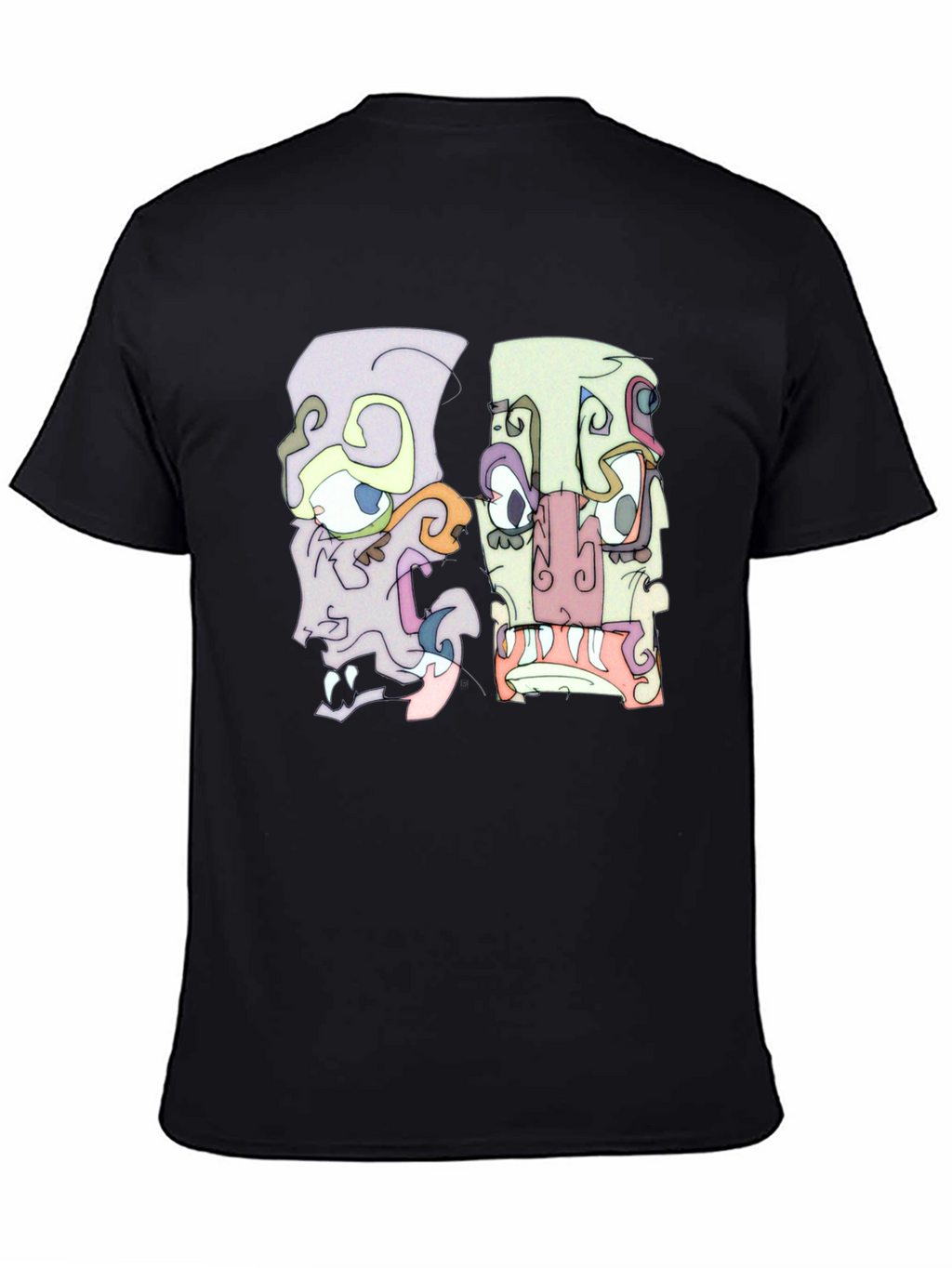 Abstract Faces Graphic Tee - Black Crew Neck T-Shirt