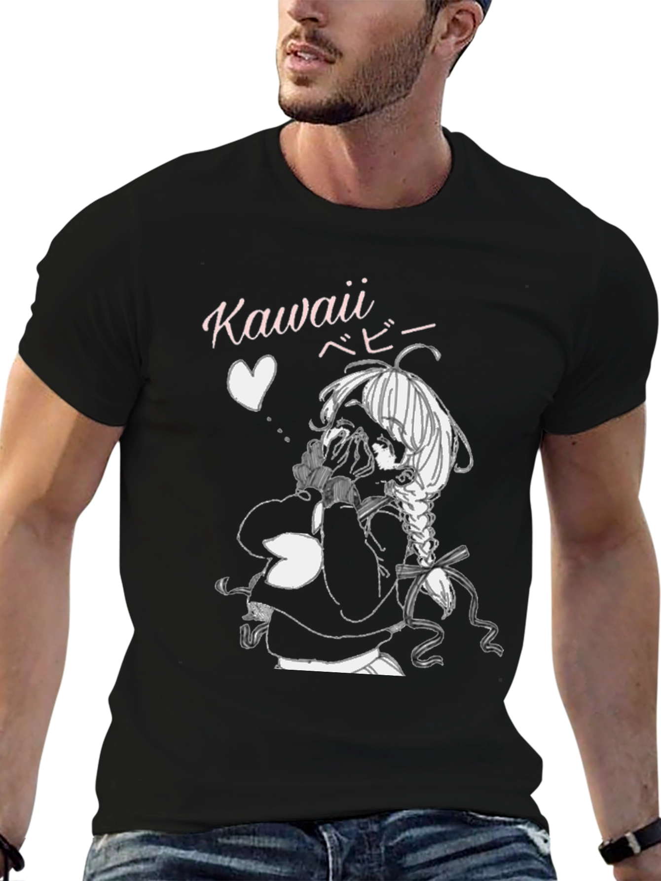 Kawaii Anime Girl Graphic Tee - Black