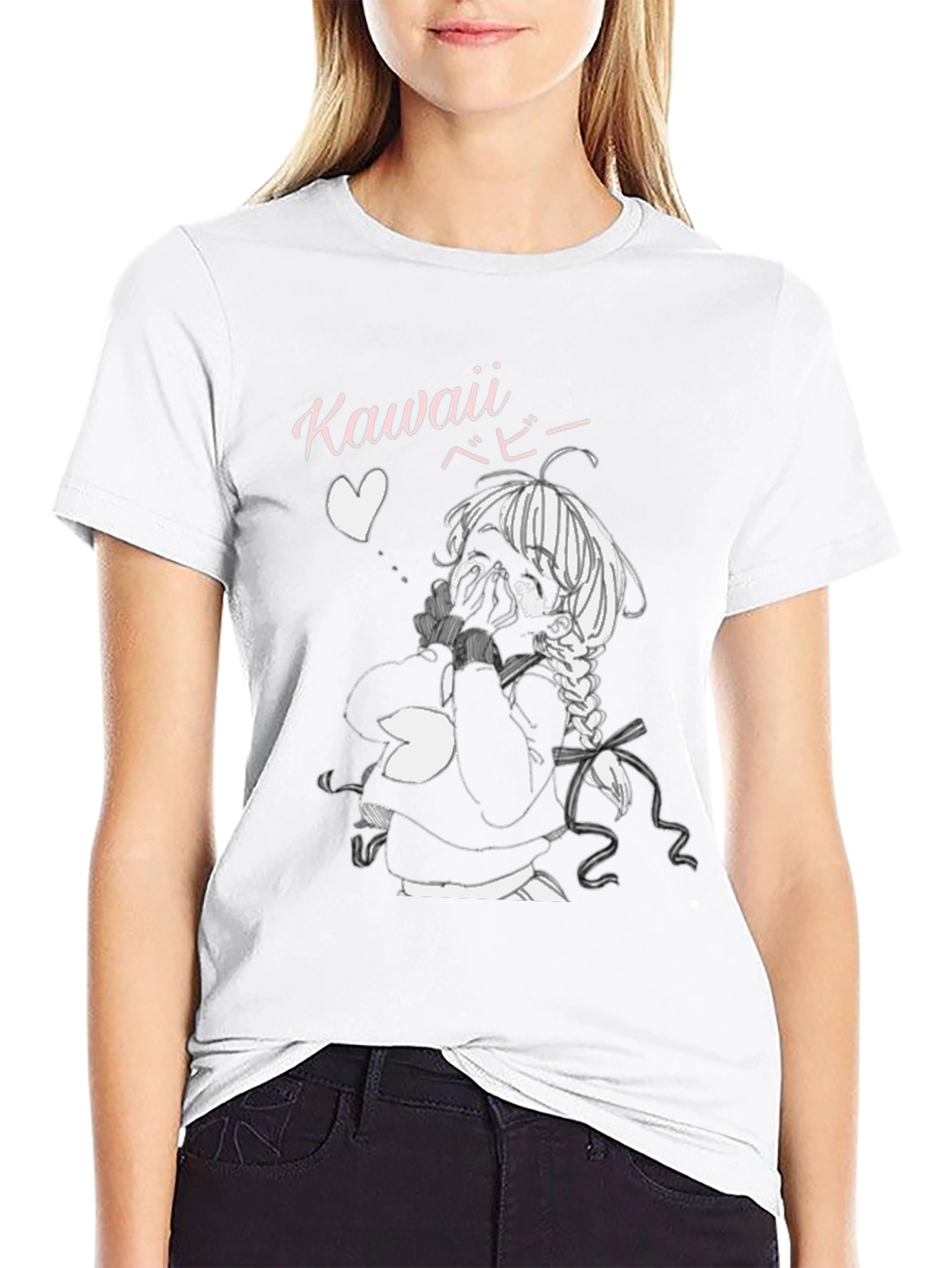 Kawaii Anime Girl Graphic Tee - Black