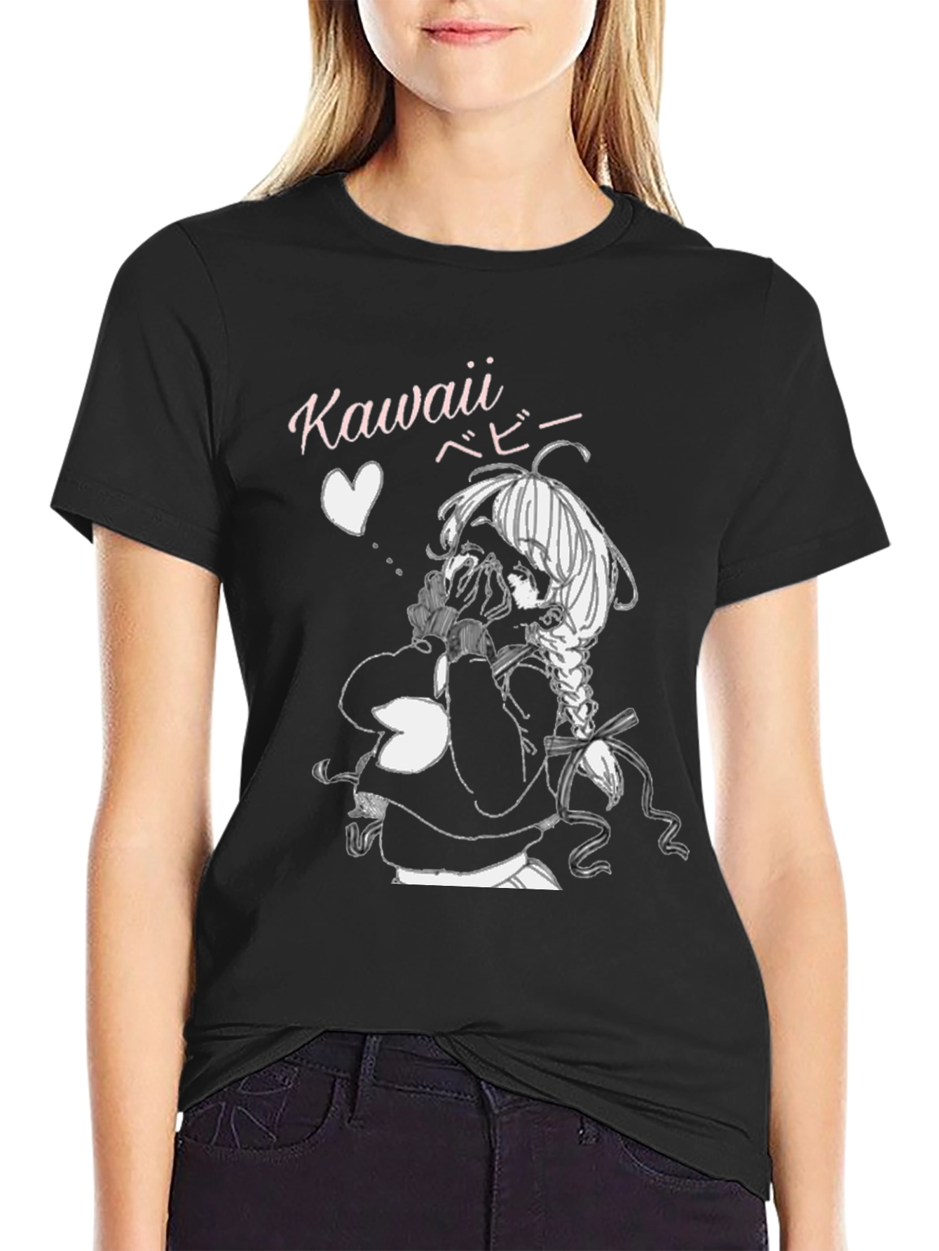 Kawaii Anime Girl Graphic Tee - Black