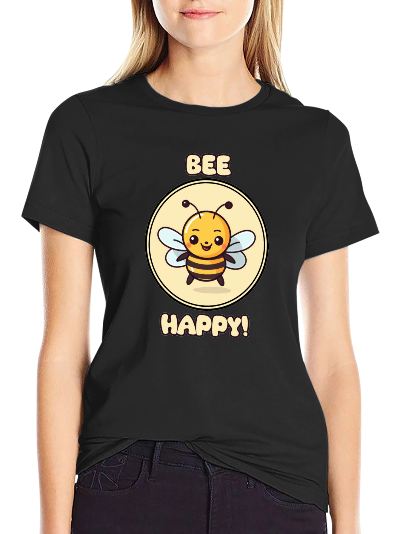 Bee Happy Graphic Tee - Black Cotton T-Shirt