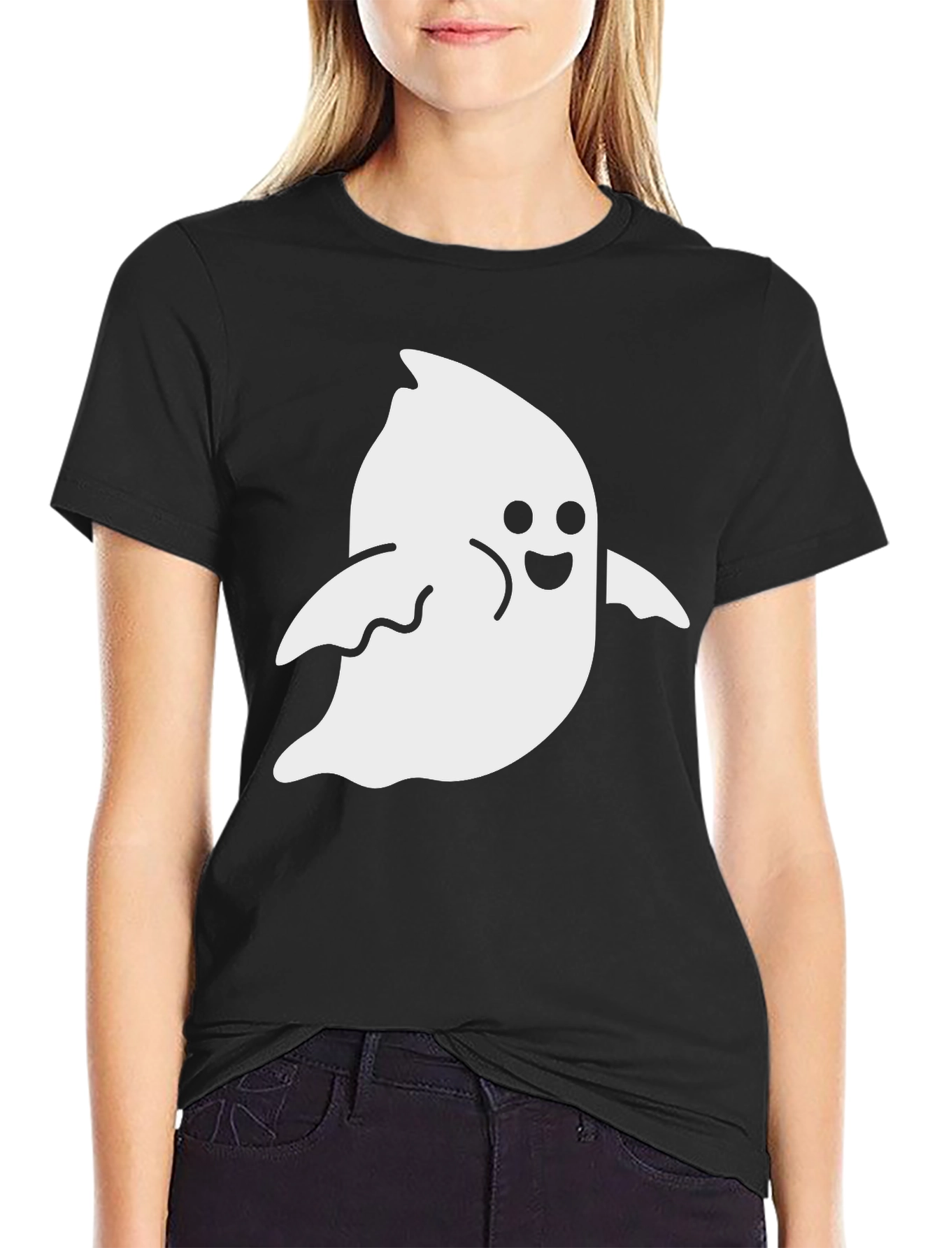 Spooky Season: Cute Ghost Graphic Tee - Black Cotton T-Shirt