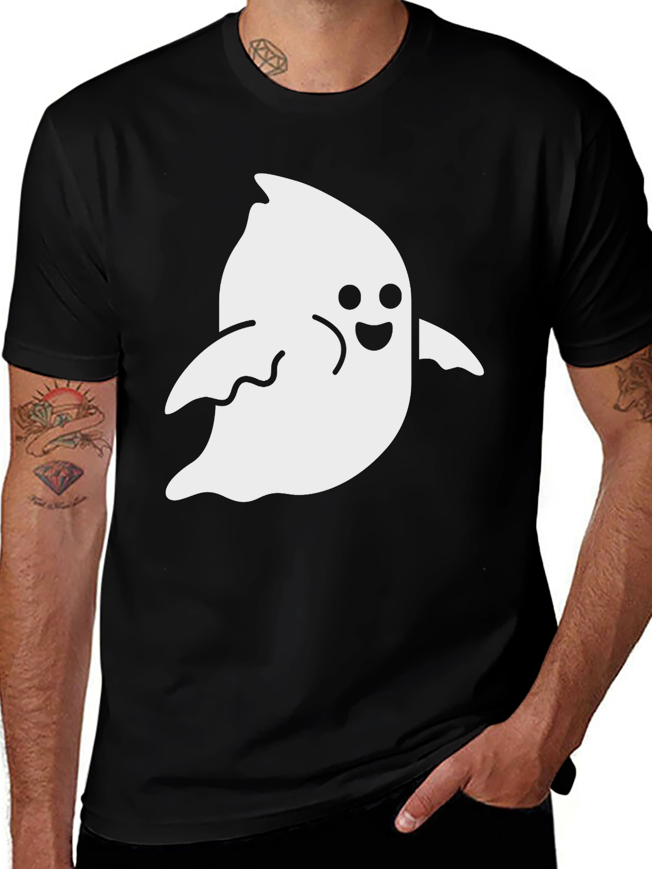Spooky Season: Cute Ghost Graphic Tee - Black Cotton T-Shirt