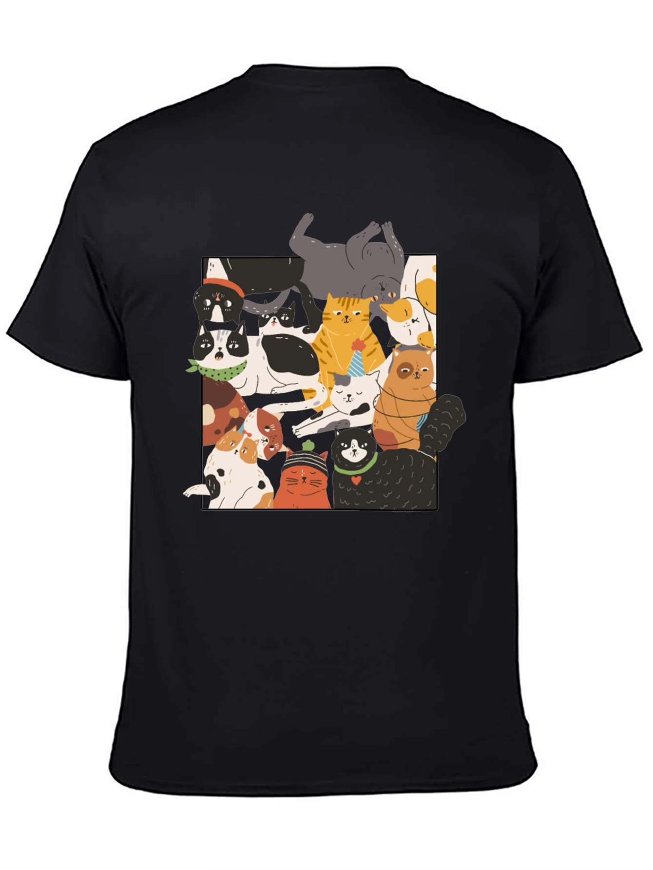 Fun Cats Pattern Black T-Shirt