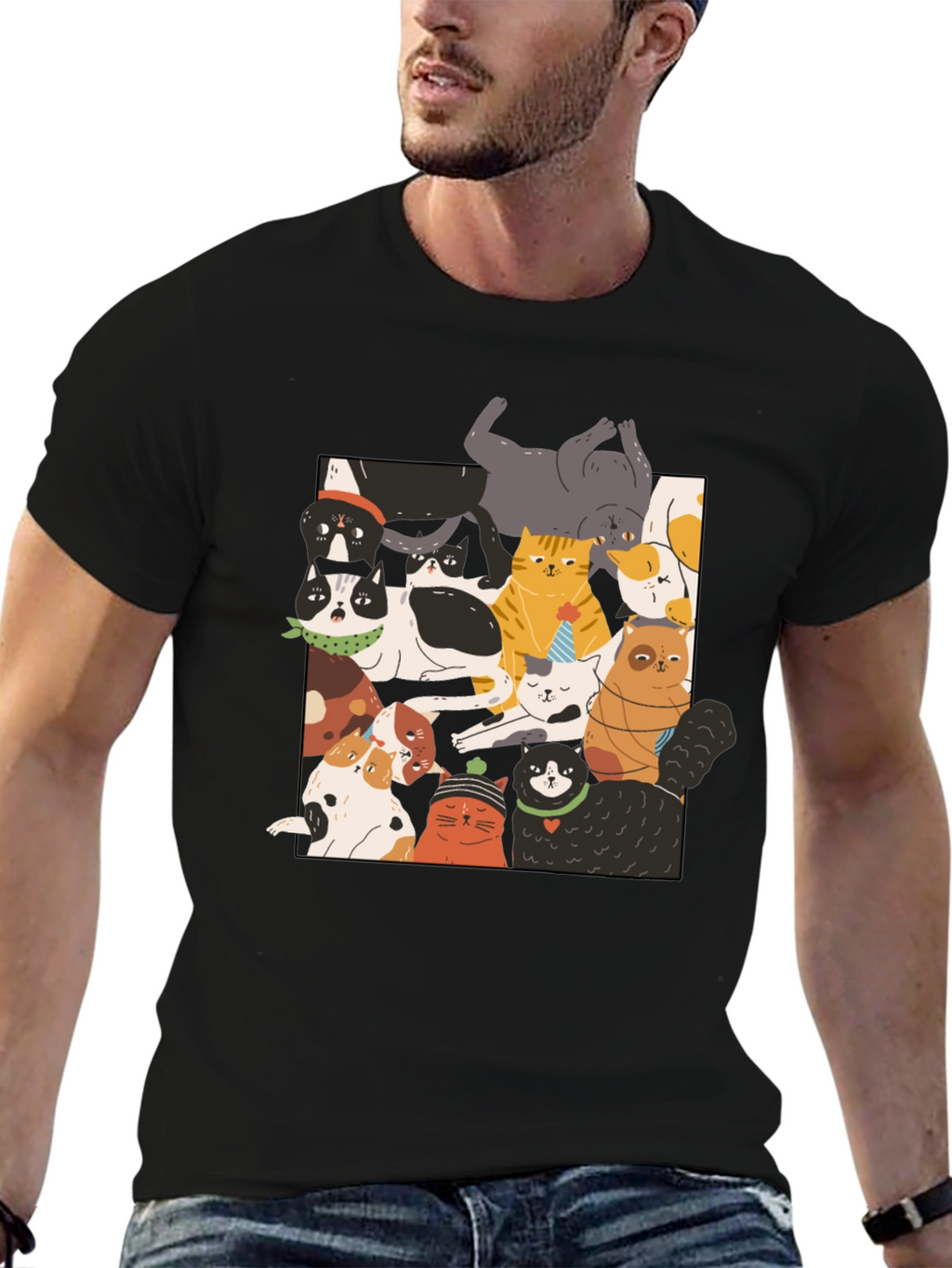 Fun Cats Pattern Black T-Shirt