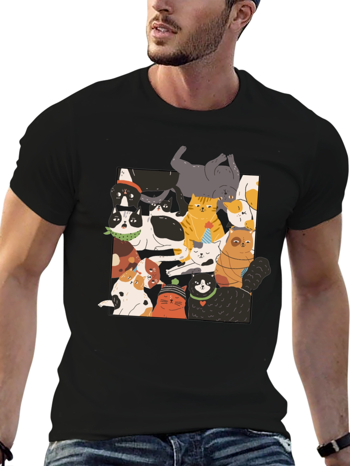 Fun Cats Pattern Black T-Shirt