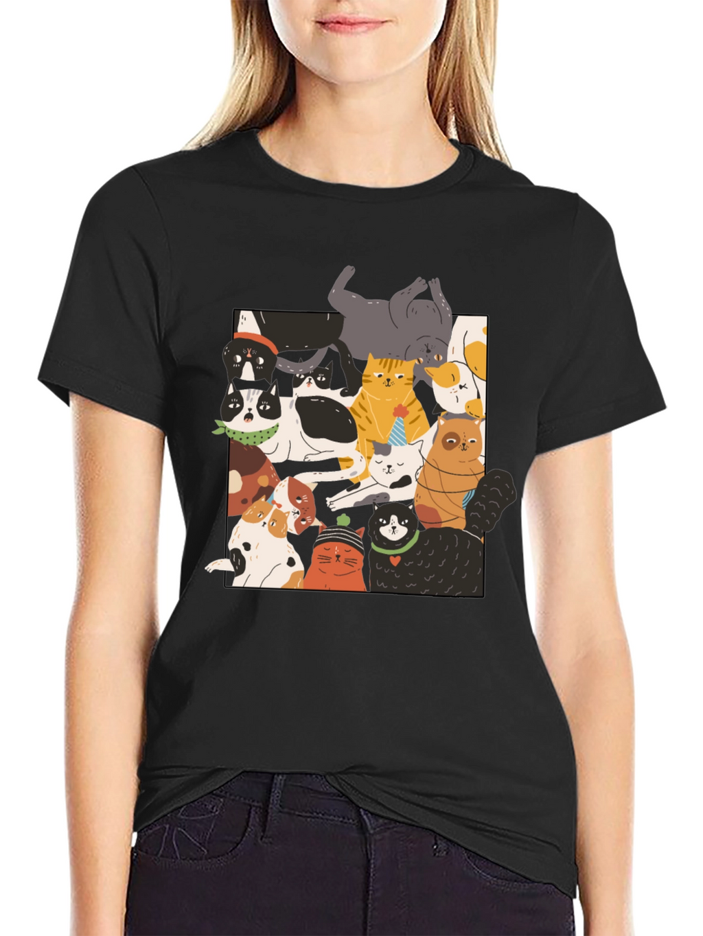 Fun Cats Pattern Black T-Shirt