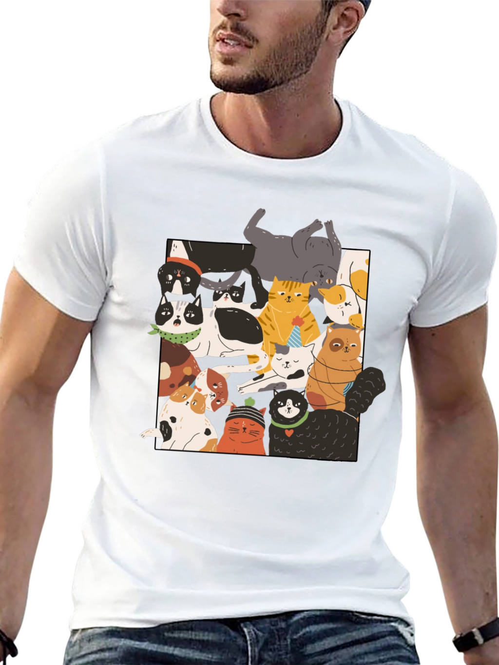 Fun Cats Pattern Black T-Shirt