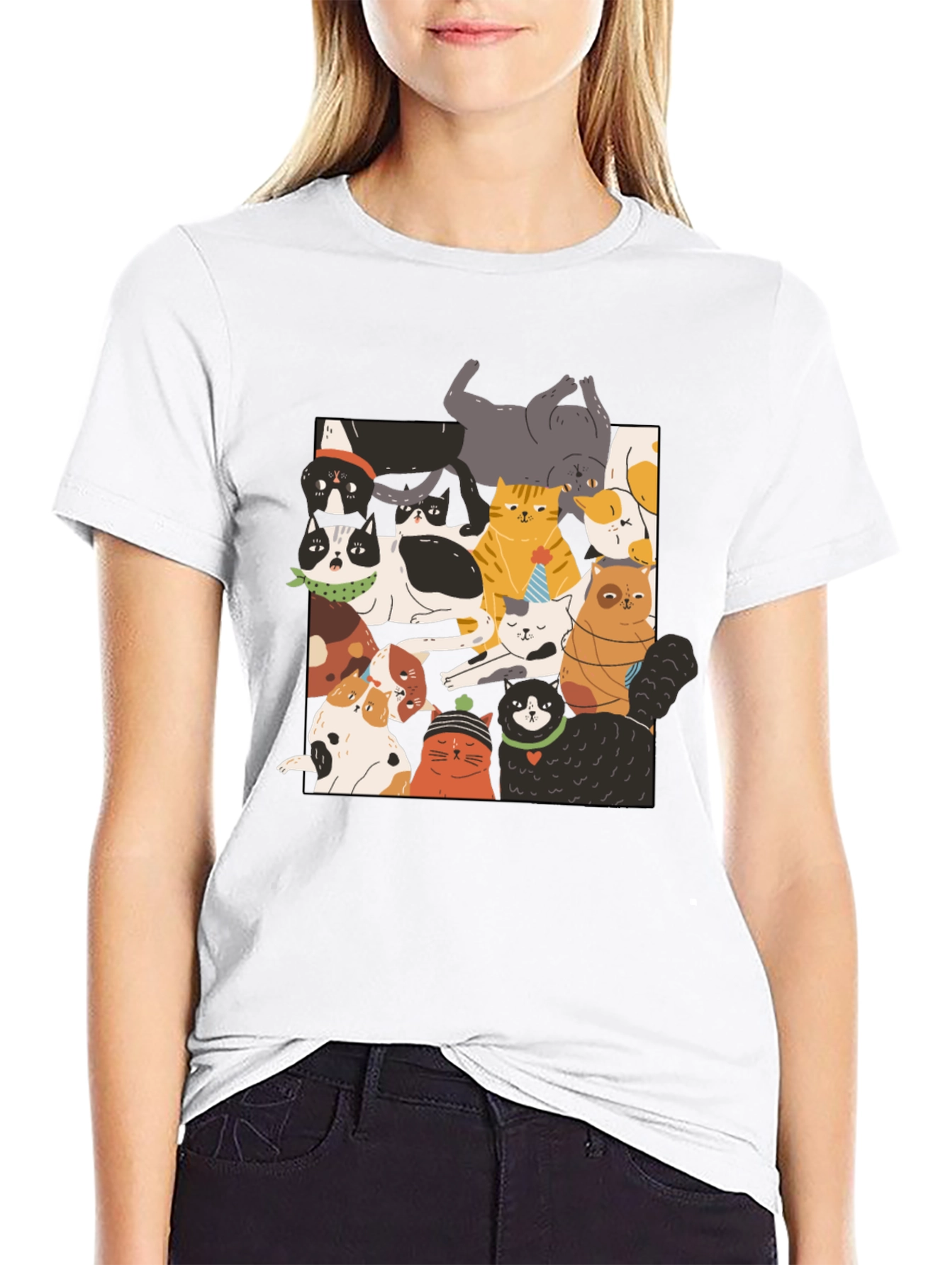 Fun Cats Pattern Black T-Shirt