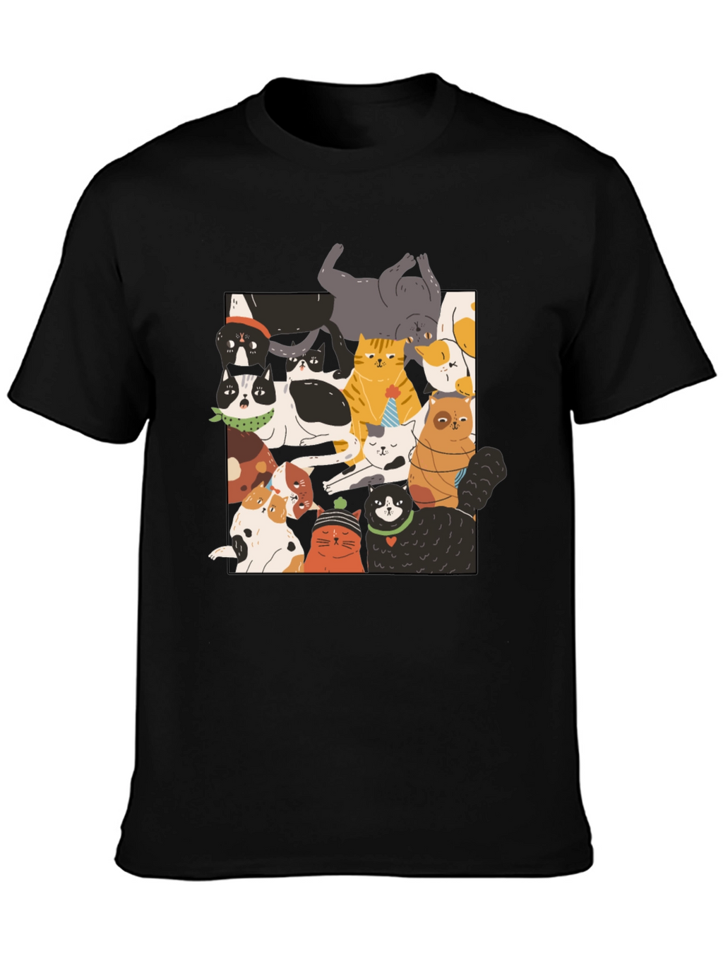 Fun Cats Pattern Black T-Shirt