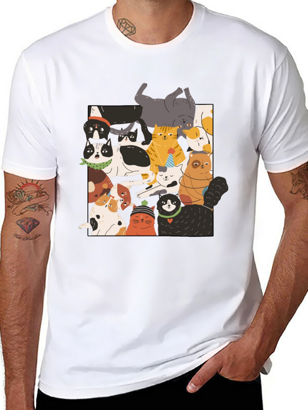Fun Cats Pattern Black T-Shirt